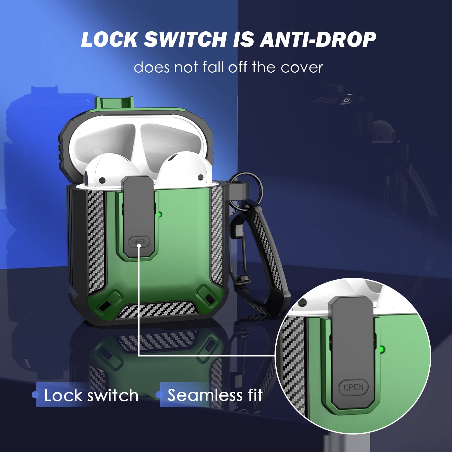 RFUNGUANGO AirPods 第 2 世代ケースカバー クリーナーキット付き ミリタリーハードシェル保護アーマー ロック付き AirPod Gen 1&2 充電ケース用 フロント LED 可視 グリーン - 2