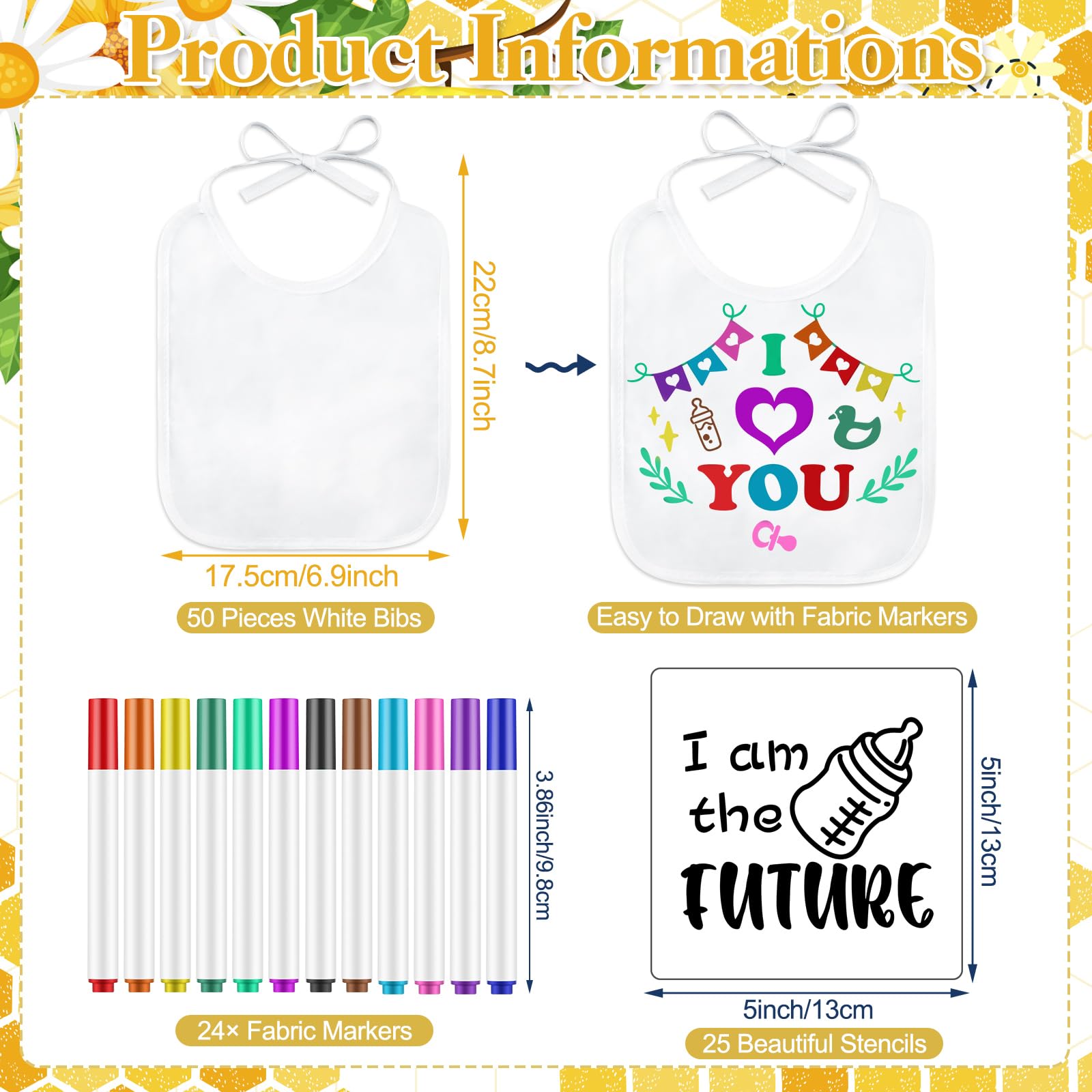 Baby Shower 54 Pcs Bib Onesie Decorating DIY Kit Includes Baby Bibs