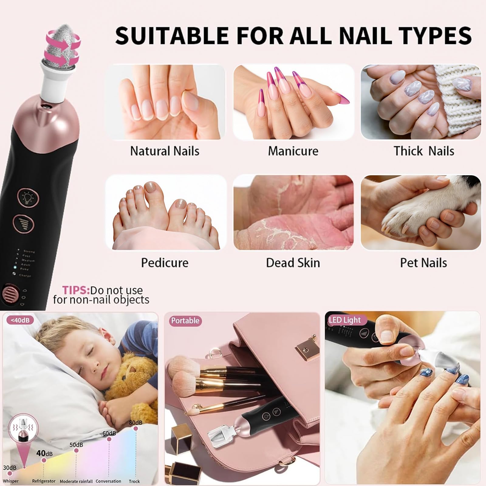 Professionelle Maniküre Pediküre Grinder Kit, 8 in 1 Fuß Nagelschleifer Elektrische Nagelfeile Set, 5 Geschwindigkeit Nagelbohrer für Dicke Nagel Zehennagel Nagelhaut, LED Handschneider Puffer für