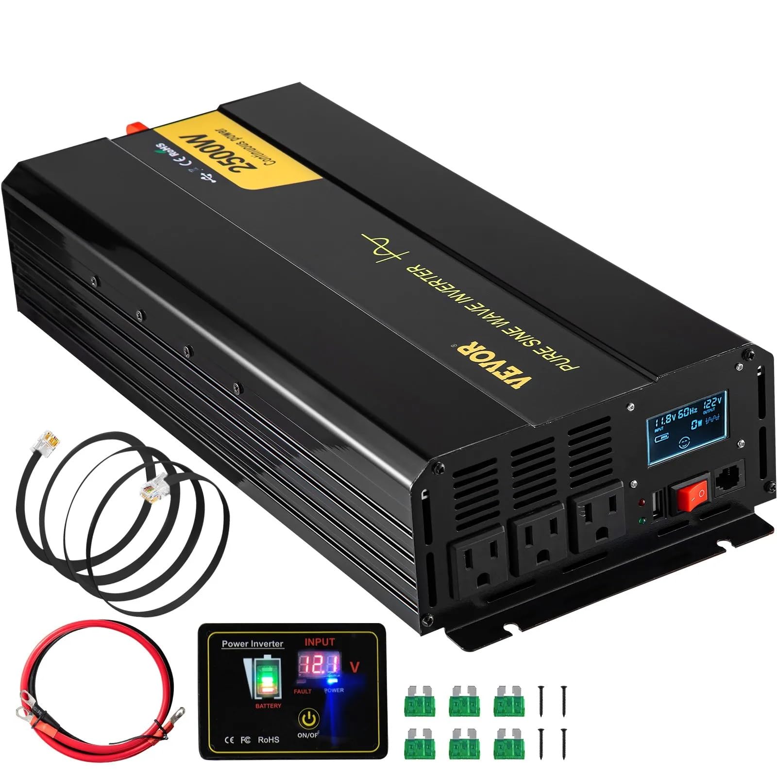2500W Pure Sine Wave Inverter, 12V DC to 120V AC Car Inverter, 3 AC Outlets, USB Port, LCD Display, Remote Controller, Black, for RV Truck Car Solar System Travel Camping
