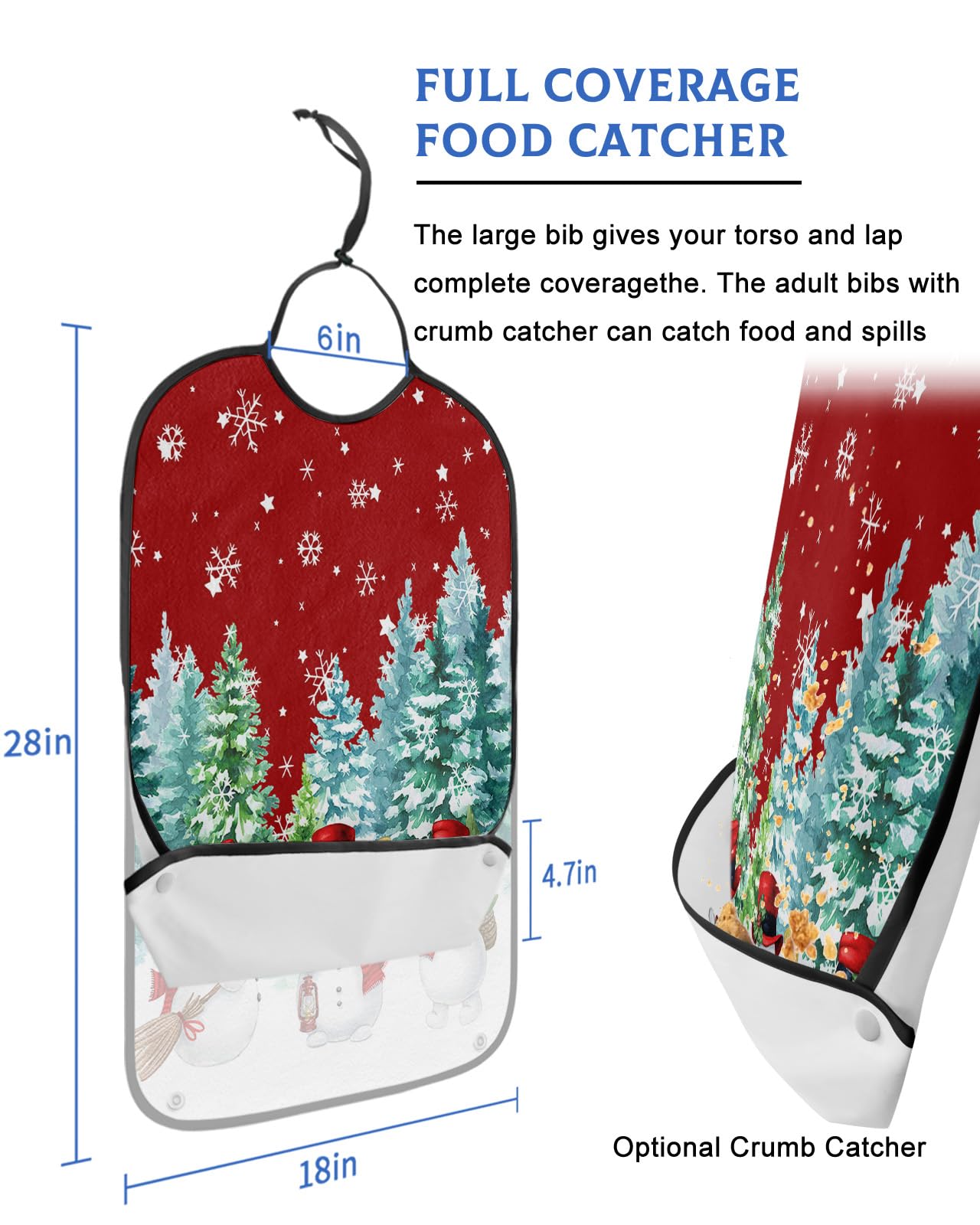 Red Snowman Adult Bib for Adults Men, Women, Washable & Adjustable Terry Cloth Bib with Crumb Catcher Reusable Waterproof Clothing Clothes Protector Apron Christmas Tree Winter Forest Snowflake