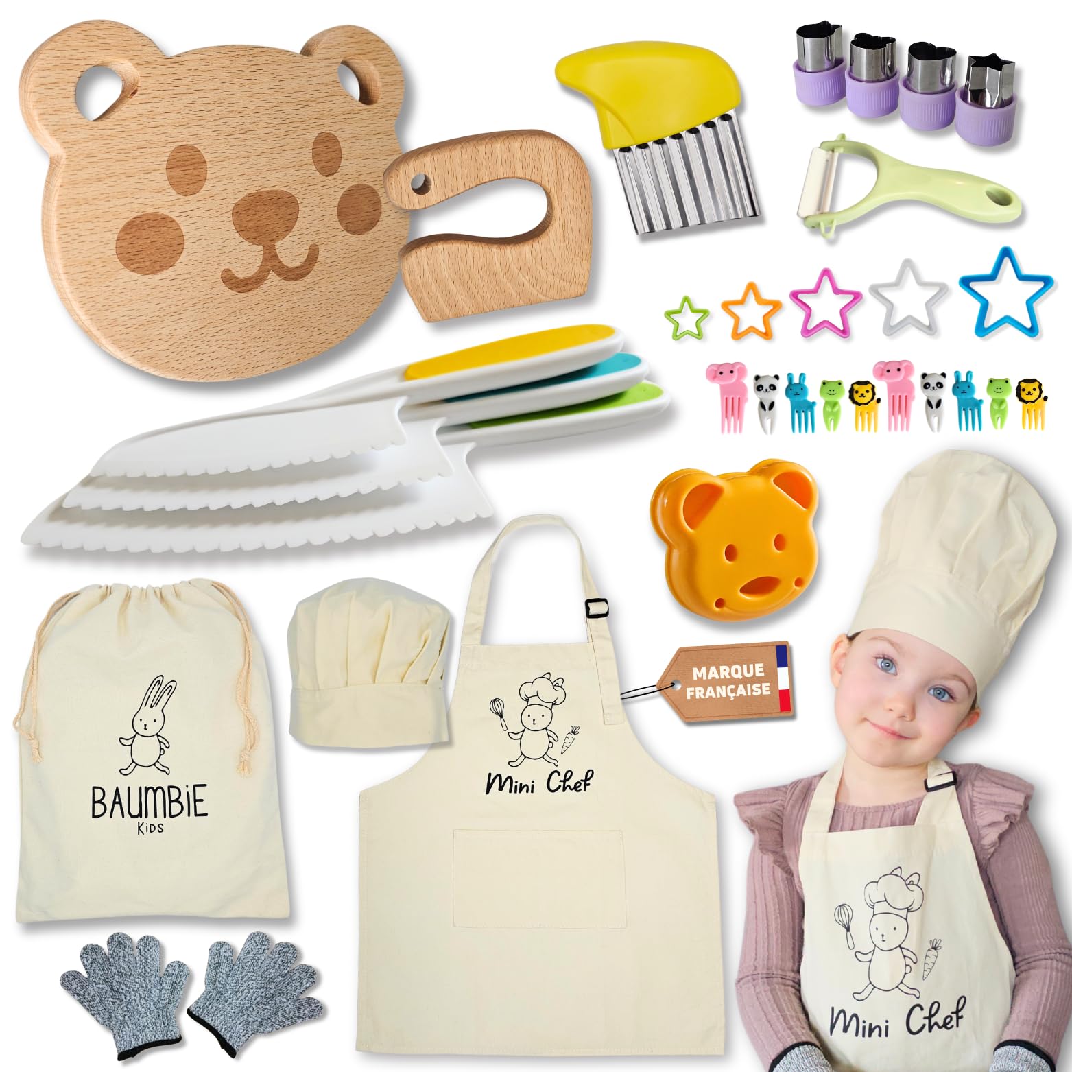 Kit Couteau sécurité de Cuisine pour Enfants - 32 Pièces, Dès 3 Ans avec Tablier et Toque - Couteau Montessori pour couper des fruits ou légumes et qui ne coupe pas les doigts