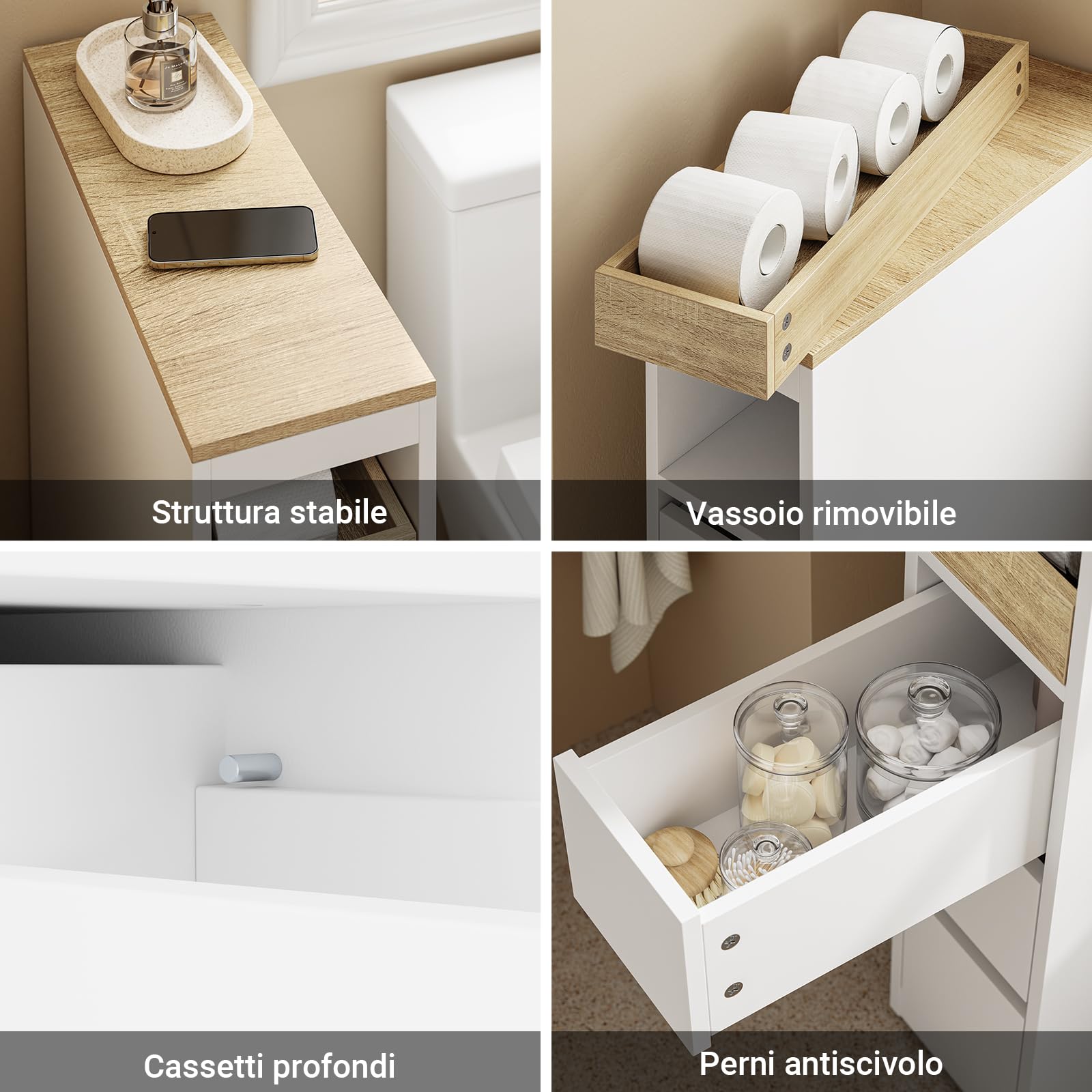 SoBuy Mobiletto Bagno Salvaspazio Stretto 20cm con Ruote 60x20x82.3cm | Mobile con 3 Cassetti In Legno Compatto per Bagni Piccoli, WC E Cucina, Bianco, BZR54-K-W
