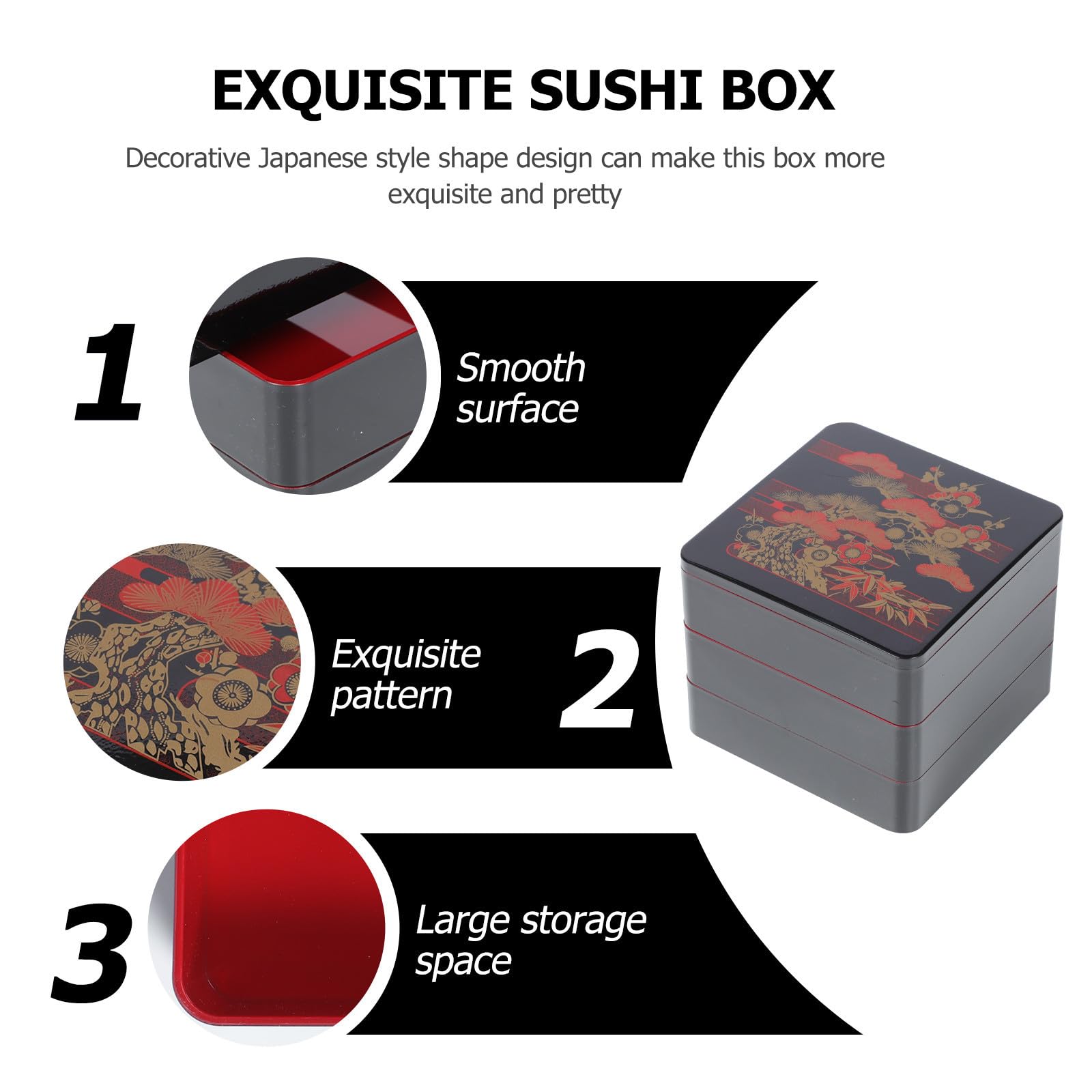 KICHOUSE Scatola Bento Box Giapponese a 3 Strati in Abs Motivo Pine Bamboo Plum, Contenitore Ermetico per Sushi e Riso, Adatto per Pranzo e Picnic