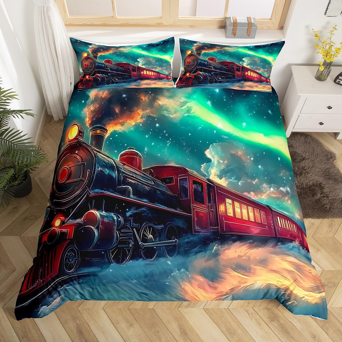 Homewish Aurora Train Bedding Set Super King,Steam Train Duvet Cover for Boys Girls Kids,Winter Snow Scene Duvet Cover Transportation Trains Bed Set with 2 Pillowcases Bedroom Decor (No Comforter)