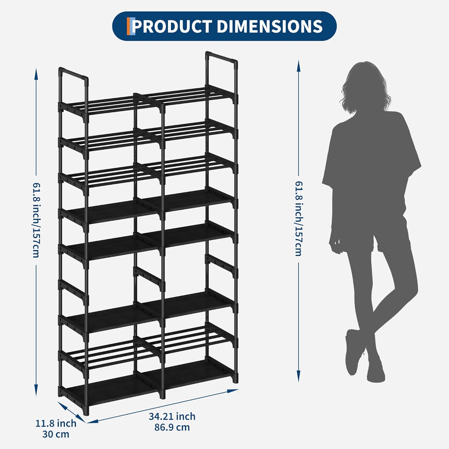 GAOMON Shoe Rack 8-Tier Tall Space Saving Metal Shoe Organizer with Removable Fabric Shelves Adjustable Corner Shoe Storage for Closet Entryway Living Room