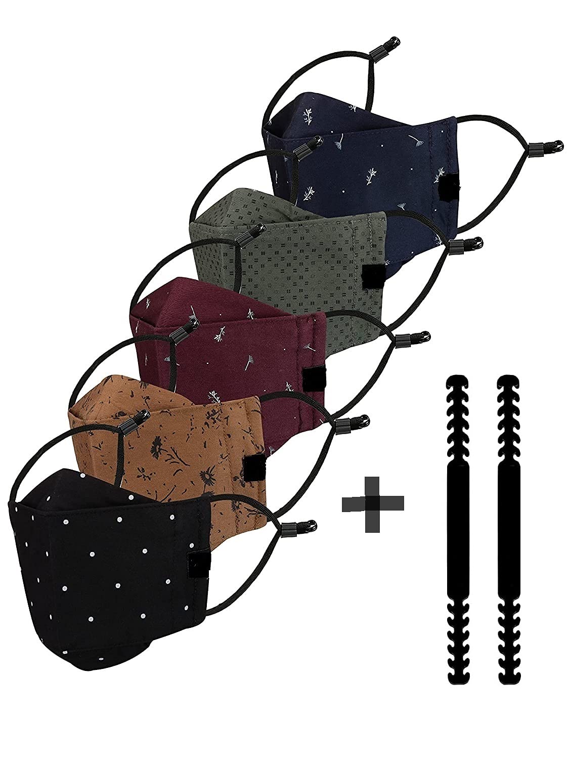 HAKKU PACK OF 5 Ultra Comfortable Pure Cotton 3D Face Mask with Adjustable Ear Loop & Free Ear Saver Strap. Washable Reusable & Breathable Mask for Men & Women(Multicolour)