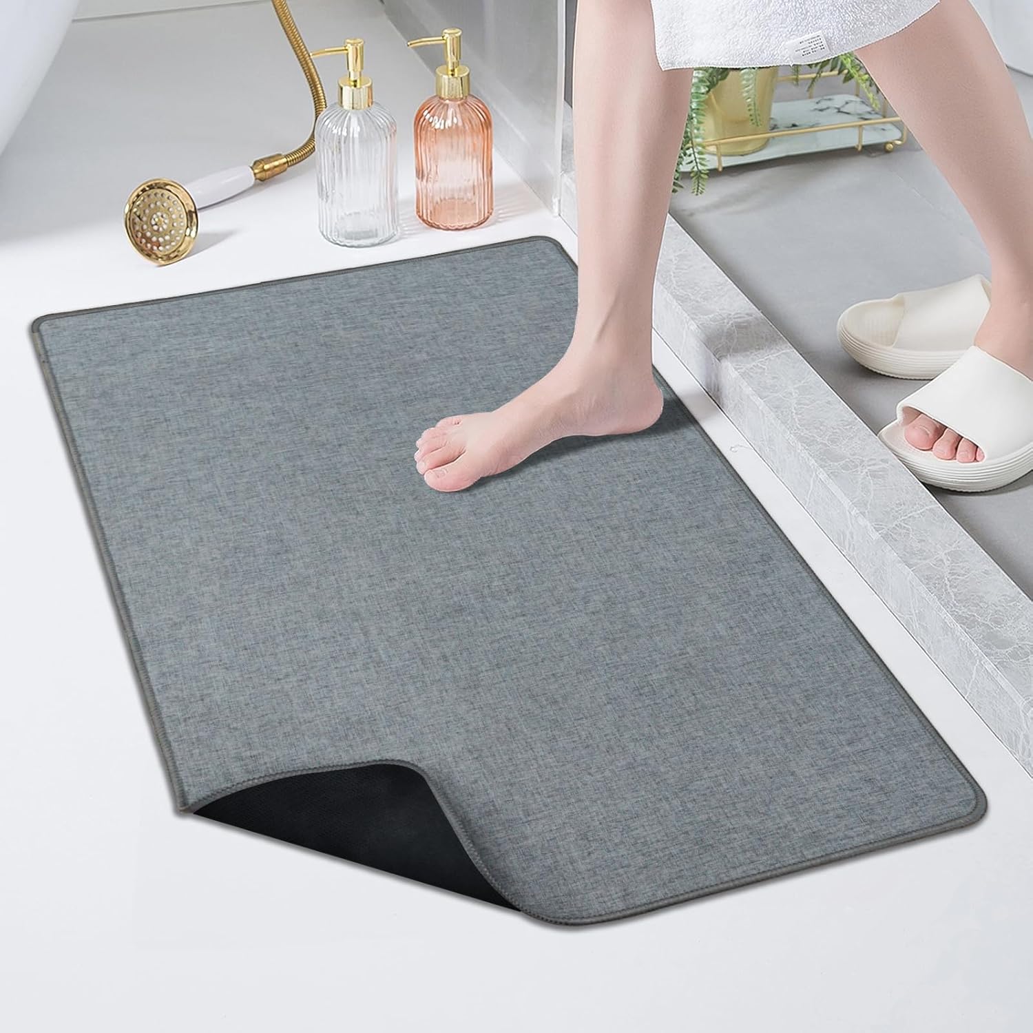 Yancrop Ultra-Thin Bath Mat Roll-Up Bath Rugs Crease-Free Door Mat with Non-Slip Rubber Backing Absorbent Fabric Surface Quick Dry for Bathroom, Bedroom, Sink or Door (Grey,35"x59") Grey 2'11" x 4'11" (Rectangular)