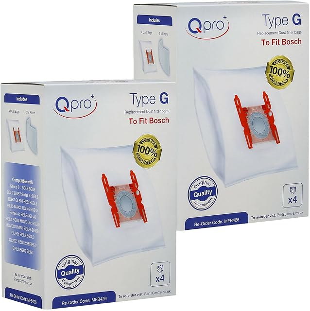 Qpro Vacuum Cleaner microfiber dust bags compatible with Bosch Type G vacuum cleaners x8 Cloth Dust Bags & 4 Filters For Bosch Hoovers 17004038
