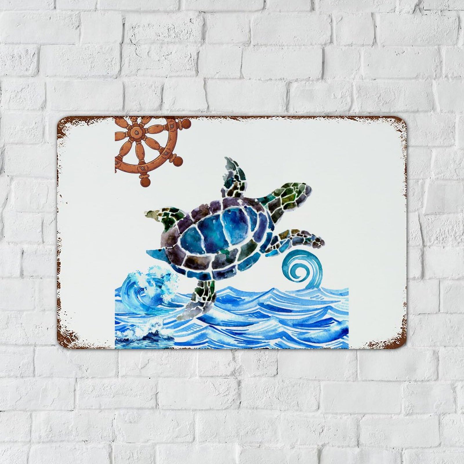 Targa in metallo con tema nautico con tartaruga marina subacquea, 30,5 x 45,7 cm, da appendere, per cortile, sala da pranzo, cucina, uomo, grotta, cartello in alluminio per portico