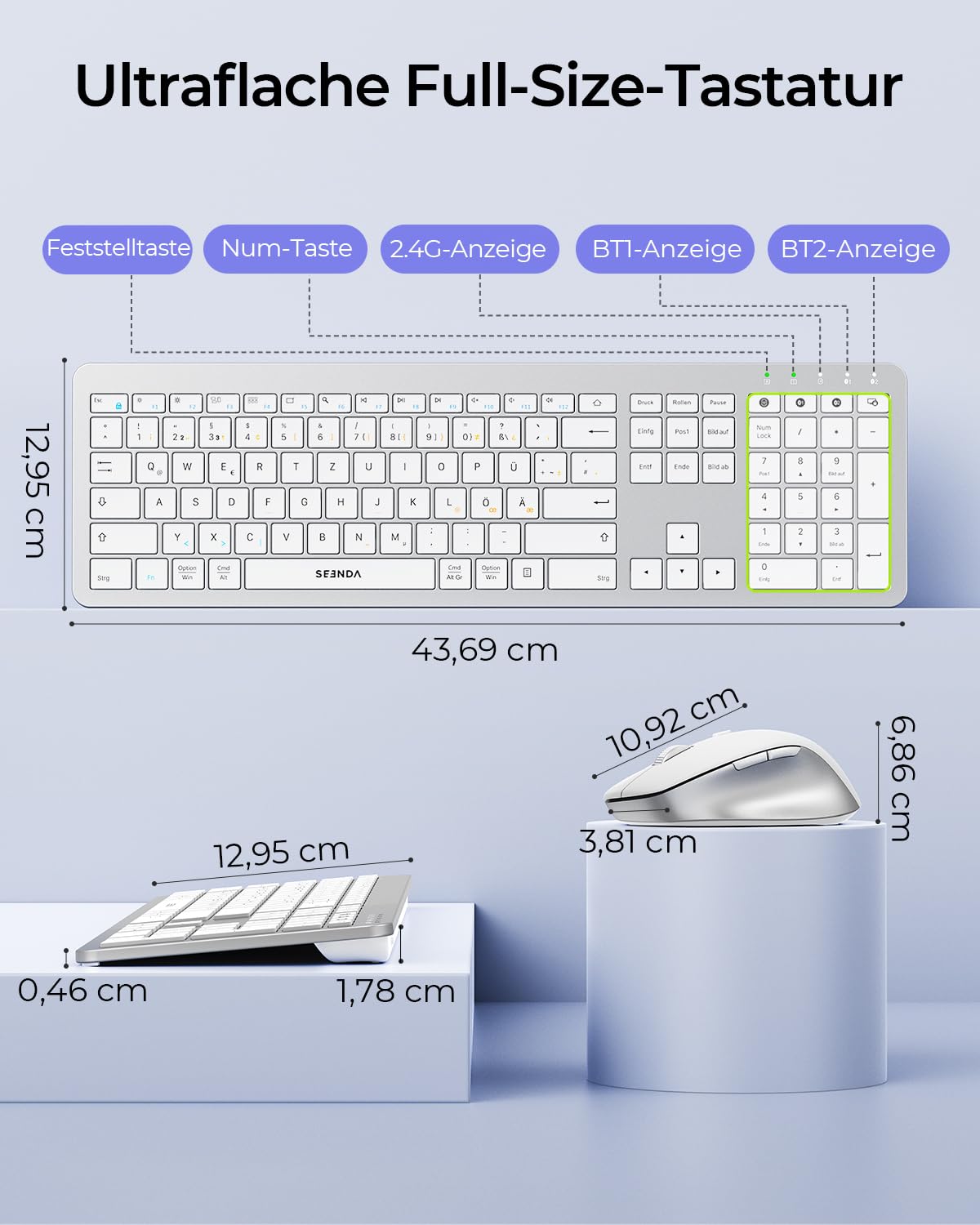 SEENDA Bezprzewodowy zestaw myszki do klawiatury, ultracienki, z podwójnym Bluetooth i USB 2,4 GHz dla 3 urządzeń – niemiecki układ QWERTZ dla Windows, Mac, iPad, laptopa i tabletu (biały i srebrny)