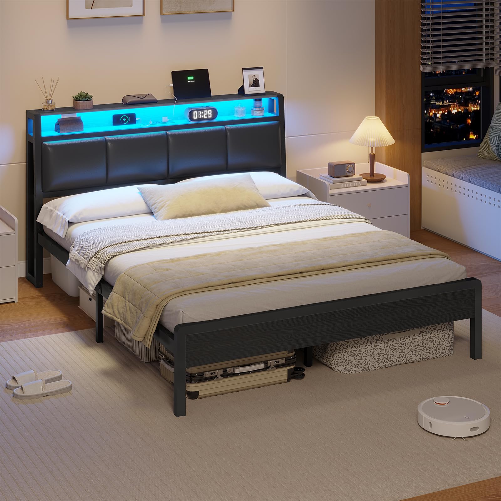 KIMENICH Bett 140 x 200, Bett mit LED-Beleuchtung, Polsterbett 140x200, Ladestation, Bettgestell mit Lattenrost, für Schlafzimmer, Gästezimmer, Schwarz