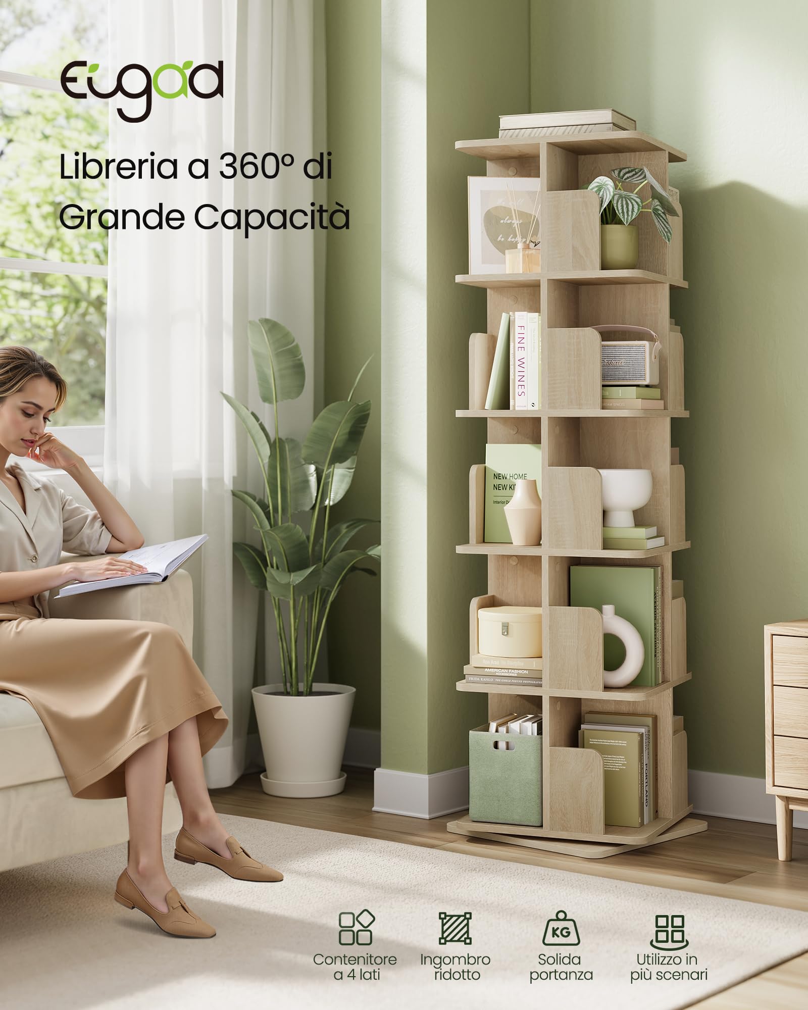 EUGAD Libreria Girevole a 5 Livelli, Libreria Alta e Stretta, Scaffale d'Angolo a Pavimento, Scaffale Girevole per Libri, Rovere Chiaro