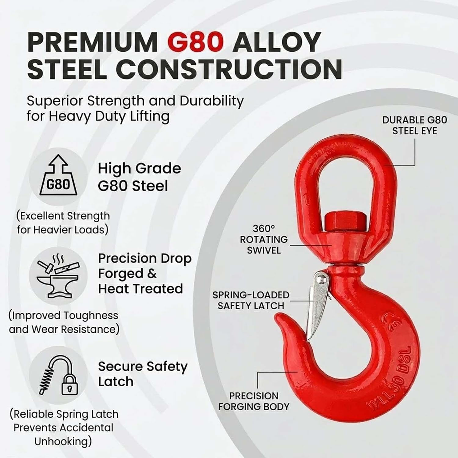 Gancio di sollevamento girevole, acciaio legato, 8T-30T, chiusura sicurezza, resistente alla corrosione, for sartiame(22T (48502 lbs))