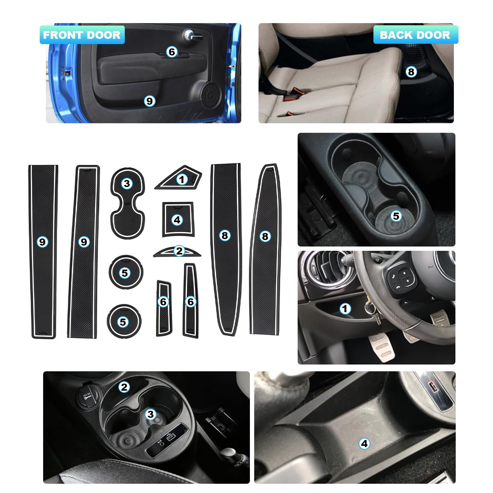 CDEFG Tappetino Antiscivolo Antipolvere Antigraffio Compatibile con Fiat 500 / Abarth 595 Tappetini in Gomma Portabicchieri per Interni Auto Accessori