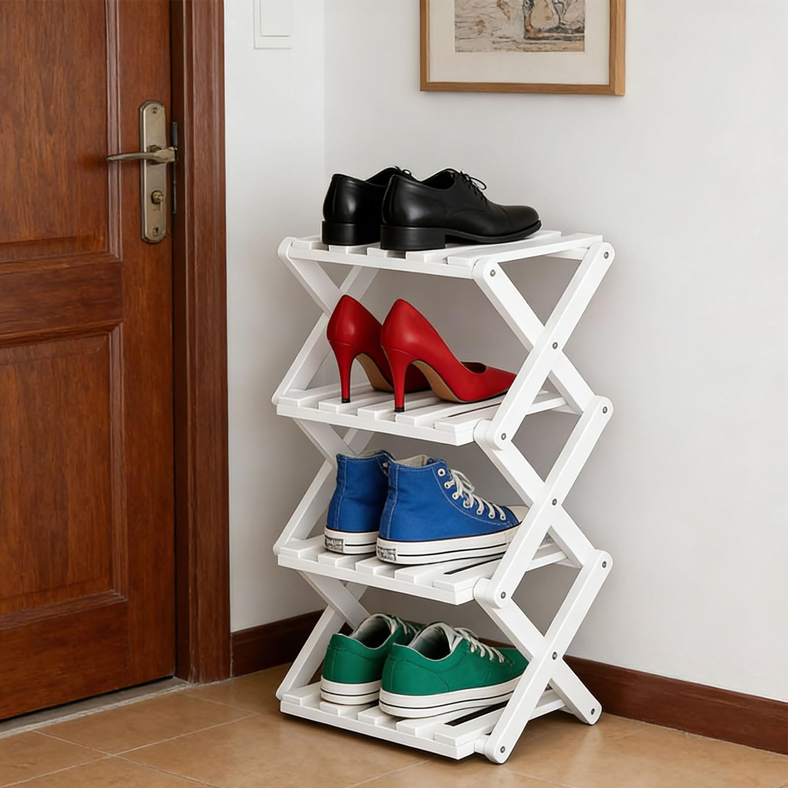 Faltbare Schuhregal, Bambus Kleines Schuhregal Vertikales Schuhregal Freistehendes Regal für Korridore, Wohnzimmer, kleine Räume und Ecken, Keine Installation Erforderlich (Weiß, 4 Etagen)