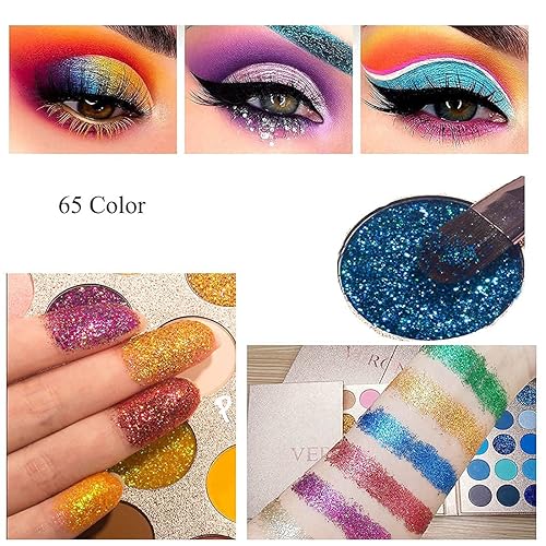 Miniatura 5 de VERONNI Paleta de sombras de ojos profesional de 65 colores, altamente pigmentada con purpurina metálica brillante mate, ultra mezclable, color