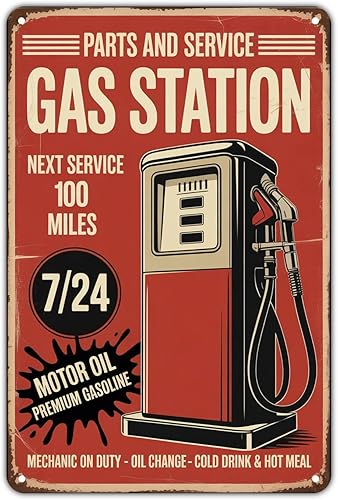 Vintage Metal Gas Station Sign, Retro Parts and Service Design, Red and Black, Wall Decor for Home Bar Kitchen, 8 x 12 Inches