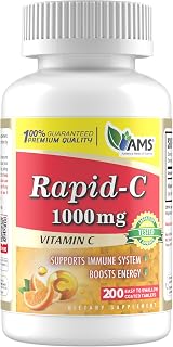 America Medic & Science Rapid-C 1000mg Vitamin C Supplement (1 Pack of 200 Tablets) Energy Booster, Daily Immune System Support, Antioxidant | Vegan, Non-GMO Coated Ascorbic Acid for Adult Men & Women