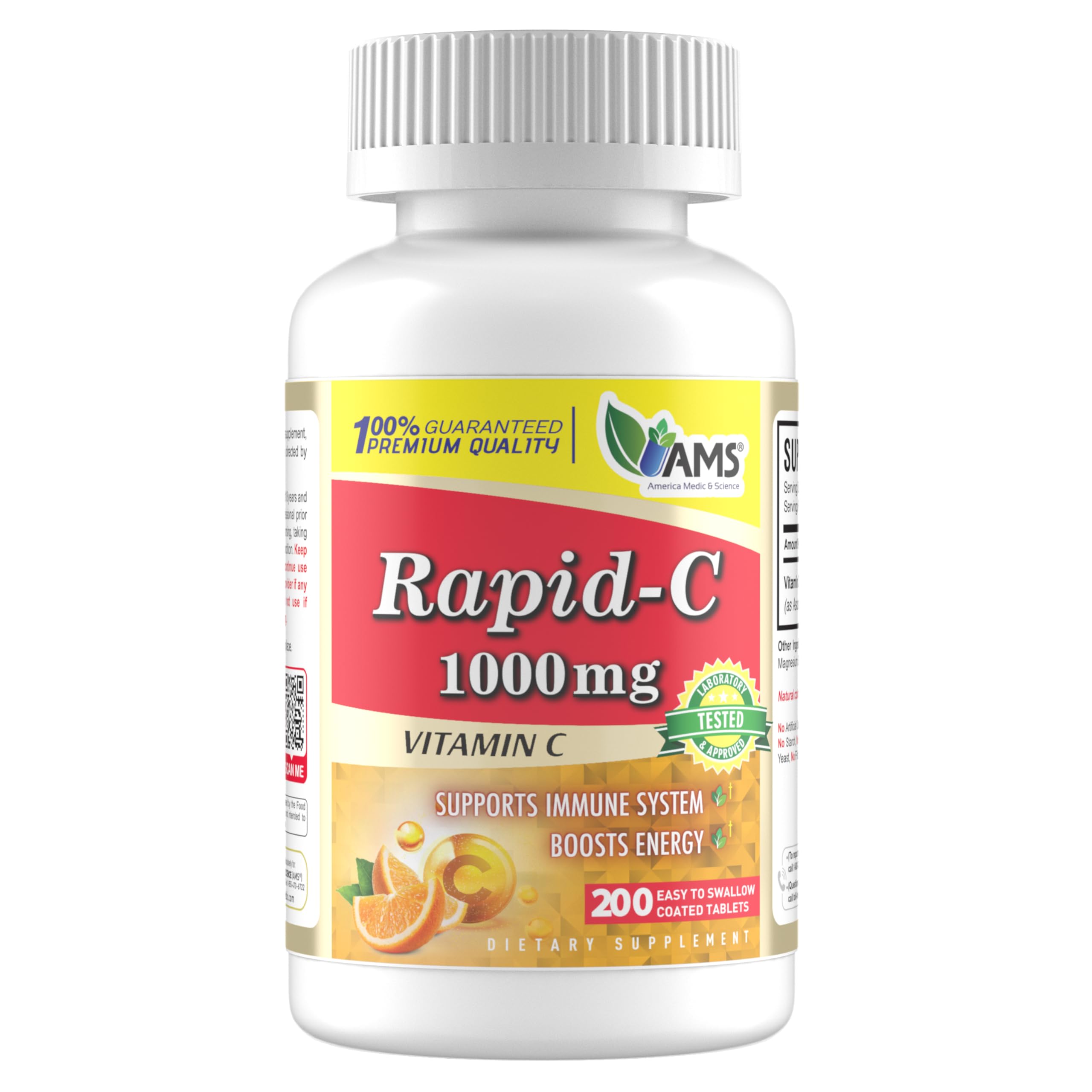 America Medic & Science Rapid-C 1000mg Vitamin C Supplement (1 Pack of 200 Tablets) Energy Booster, Daily Immune System Support, Antioxidant | Vegan, Non-GMO Coated Ascorbic Acid for Adult Men & Women 200 Count (Pack of 1) 500mg