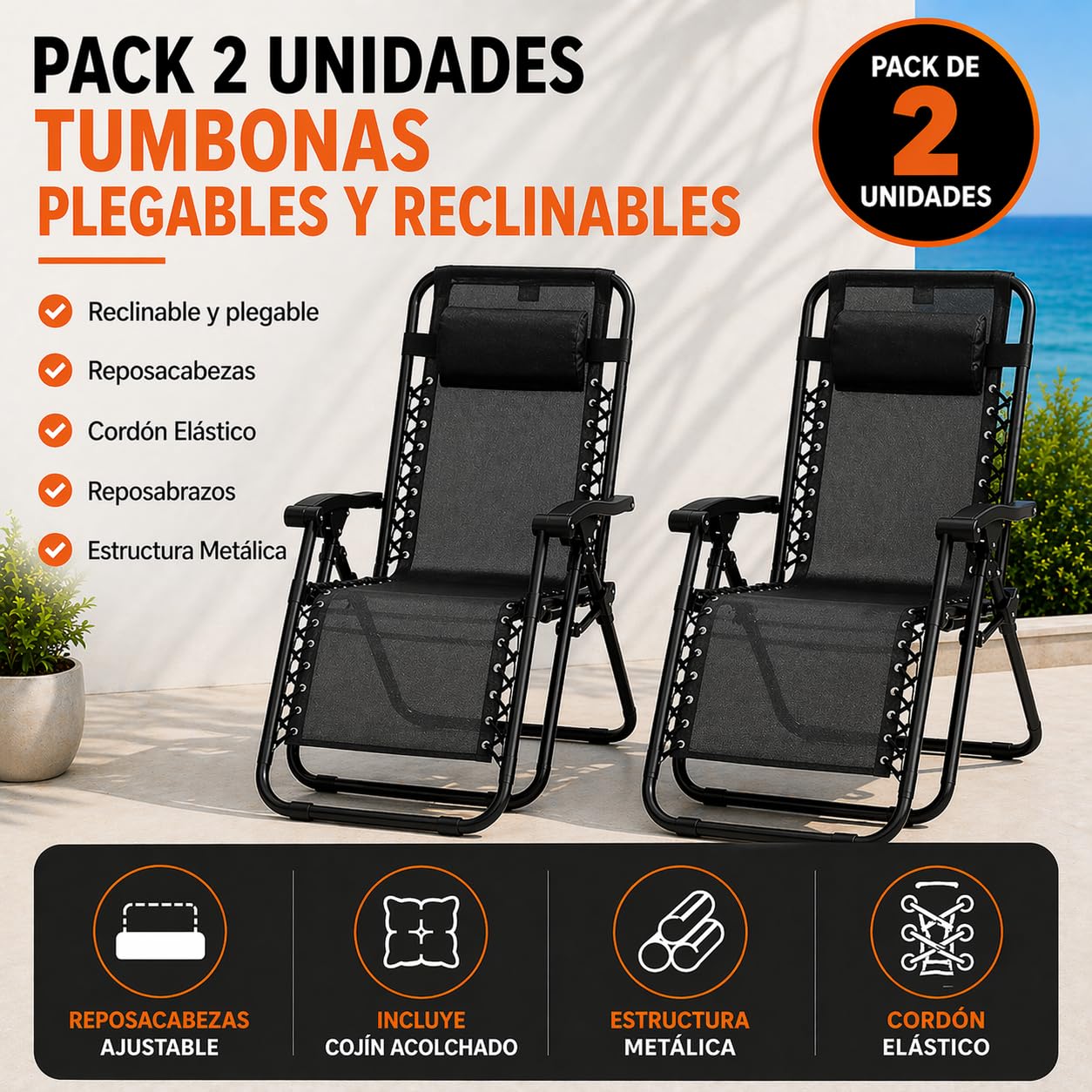 TIENDA EURASIA – Pack 2 Tumbonas Plegables y Reclinables para Jardín | con Cojín y Reposacabezas | Estructura de Acero | Color Negro | hasta 100 kg | Exterior, Terraza y Piscina