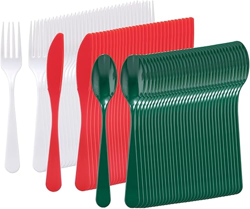 Supernal 180 cubiertos de plástico de Navidad, suministros de fiesta de Navidad, cubiertos de plástico de color pesado que incluye 60 cuchillos