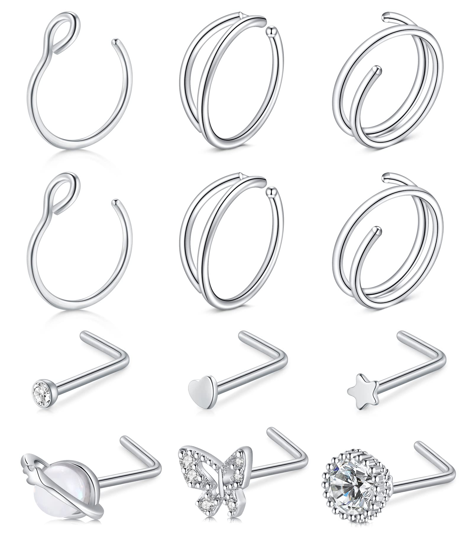 Funseedrr 12pcs Piercing Nariz Aros Pernos Acero Quirúrgico 20G Fino Nariz Anillos Tornillo Forma de L Piercing Joyas