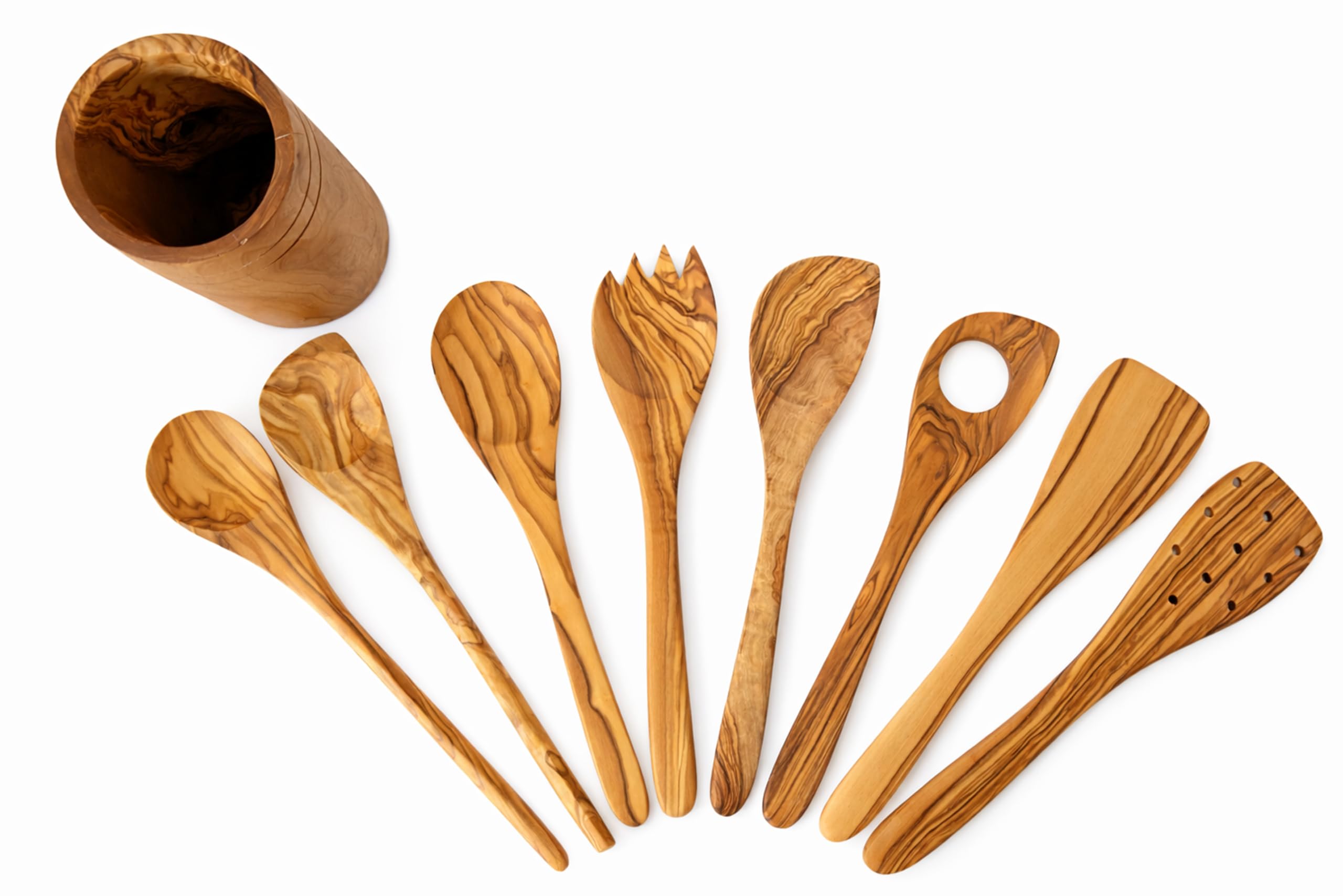 EMNA Juego de 9 utensilios de cocina de madera de olivo – Juego de cucharas de cocina con espátula, cubiertos para ensalada y soporte para utensilios | Caja de regalo "Unique Gift for Special Person