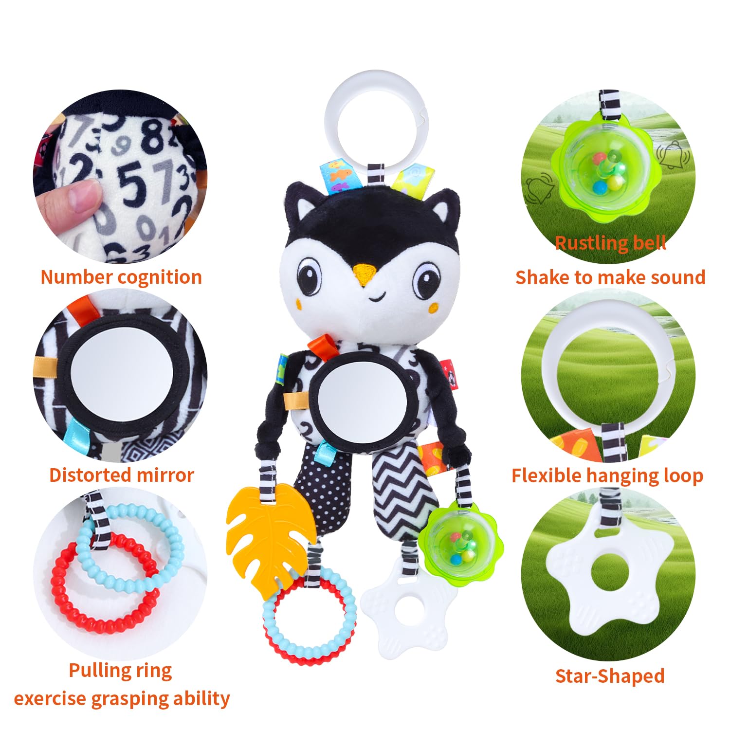 Noir et Blanc Jouets Bébés,Peluche Animal Suspension Hochets Jouet,Bébés Jouet Sensoriel,Nouveau-nés Poussette Jouets Cadeau pour Garçons et Filles 0 3 6 9 12 Mois