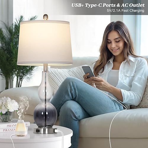 Miniatura 5 de 27.5" Gradual Gray Clear Glass Table Lamp Set of 2,3-Way Dimmable Touch Control Bedside Lamps with USB Ports and AC Outlet, Modern Nightstand Lamps