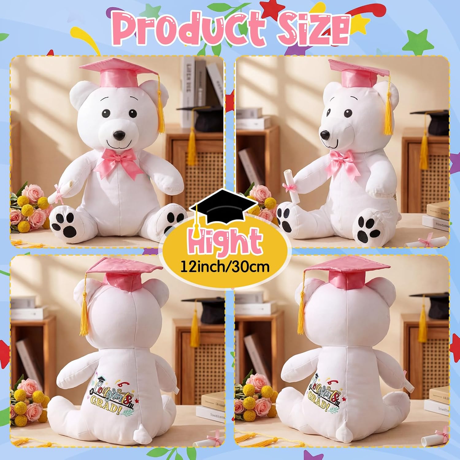 Zomiboo Graduation Bear Autograph Stuffed Animal 2026 Smooth Fabric Stuffed Bear Toy with Congrats Grad Plush Autograph with Marking Pen Gold Tassels for Graduate Student Party(Pink)