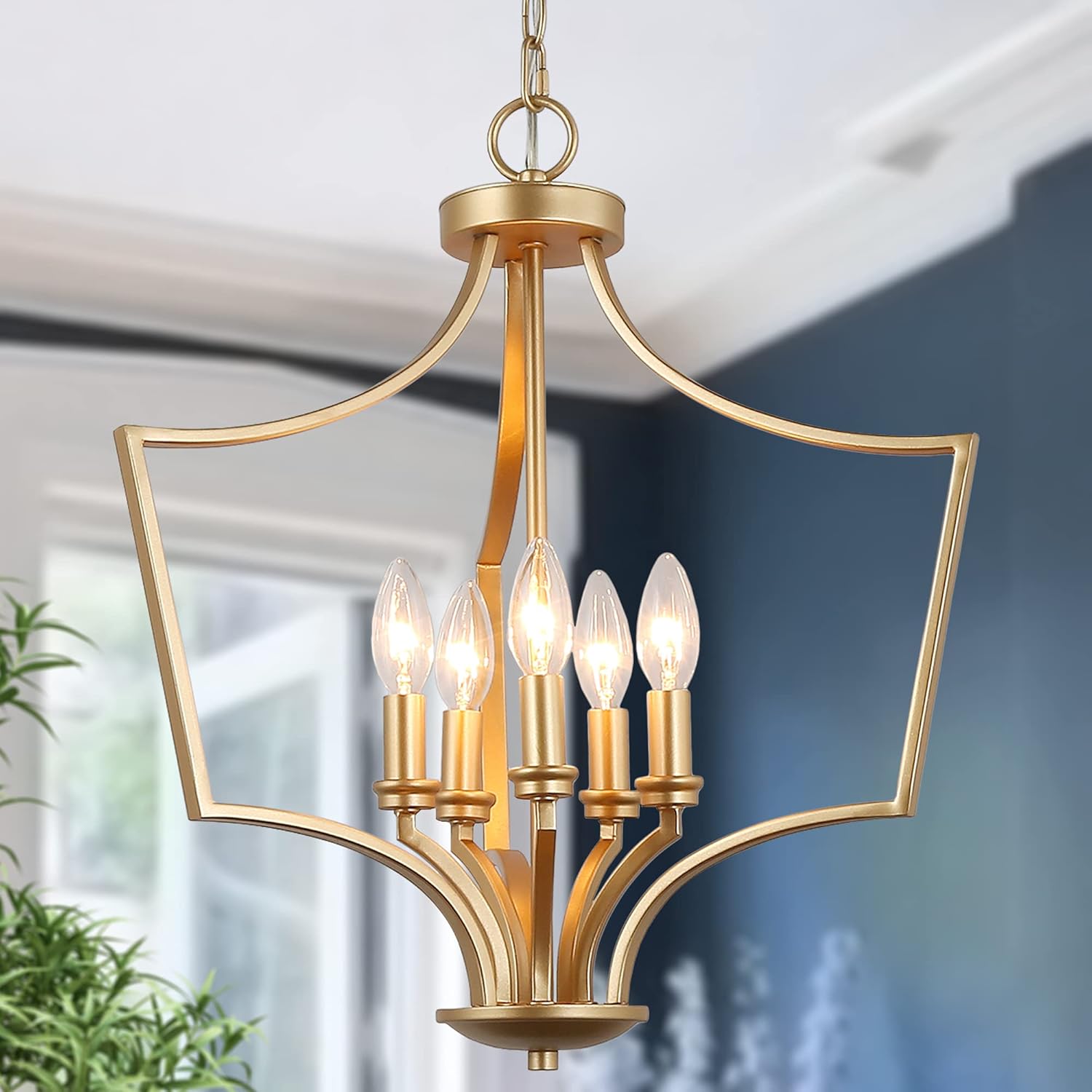 KSANA Gold Chandelier Light Fixture, 5-Light Modern Pendant Lighting Gold Lantern Chandelier for Dining Room, Kitchen Island, Bedroom, Entryway, Foyer, W19” x H24”