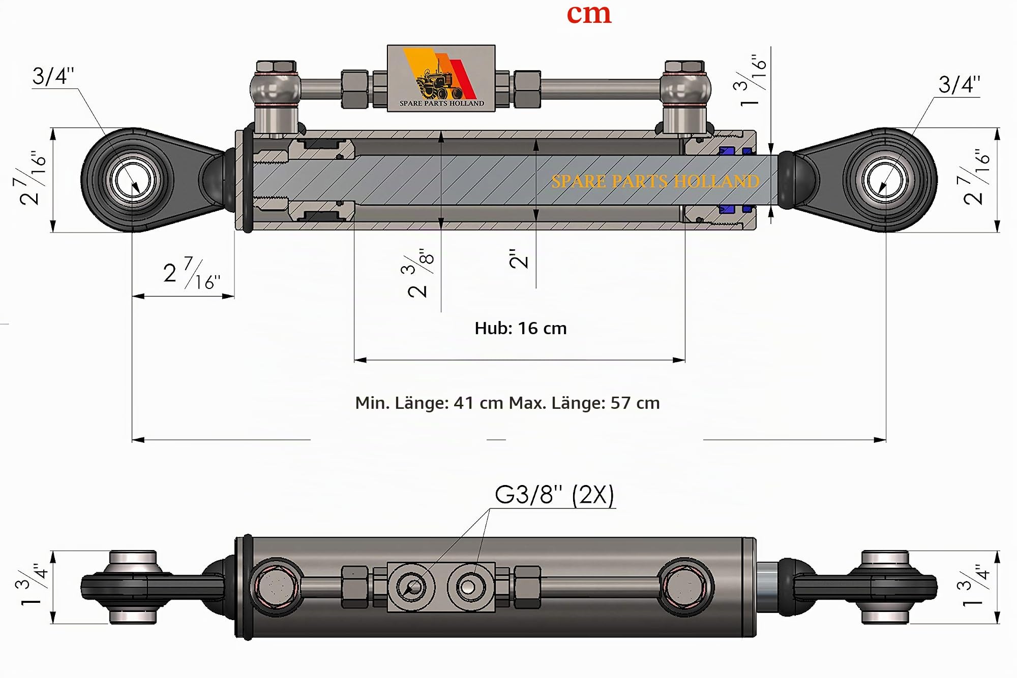 Hydraulischer Oberlenker Kat. 1-1 (410-570 mm) mit Sperrblock und Schläuchen
