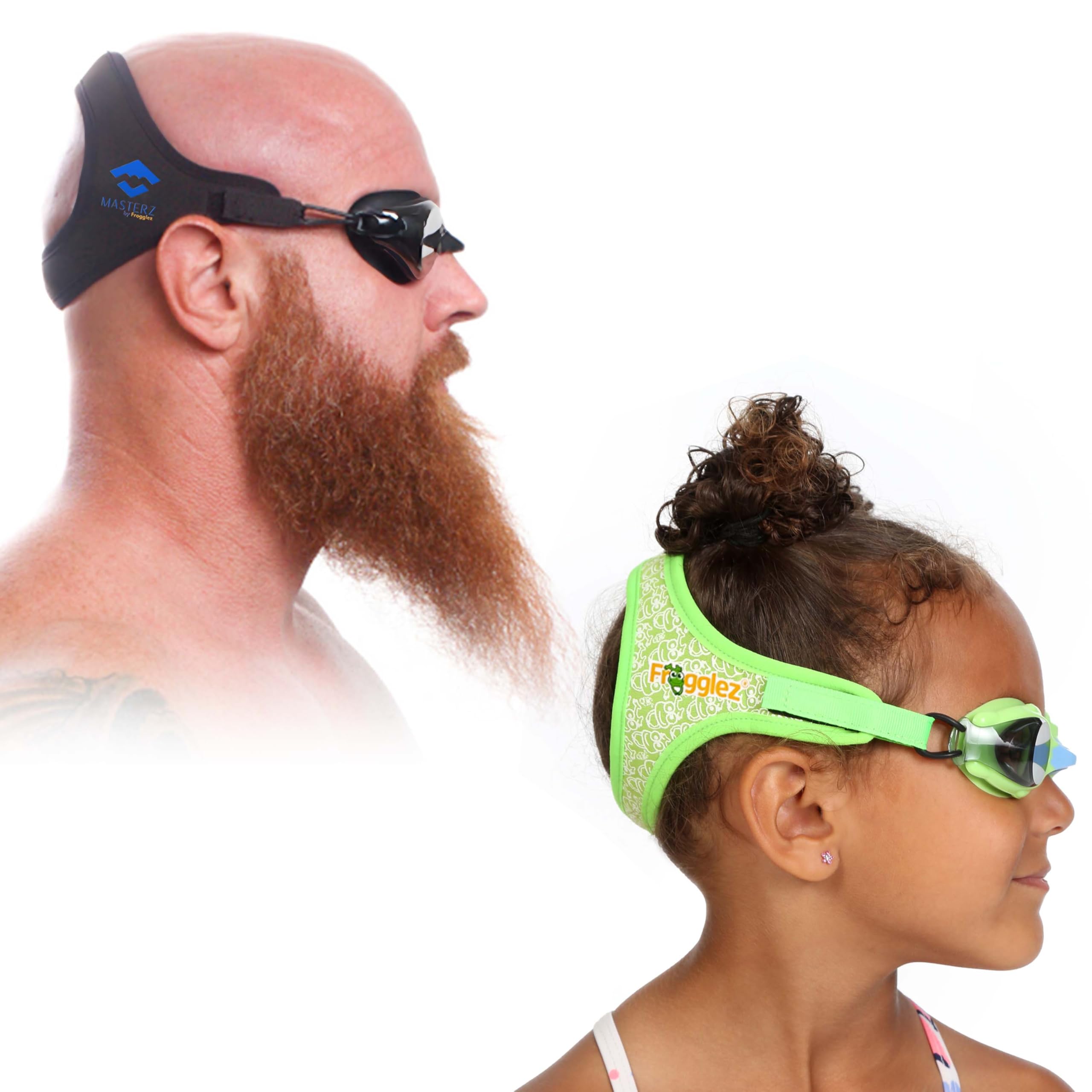 Frogglez Swim Goggles for Kids (Green Frog) & Masterz for Adults & Teens (Black) Bundle - Premium Pain-Free Strap | Anti-Fog Mirrored Lenses