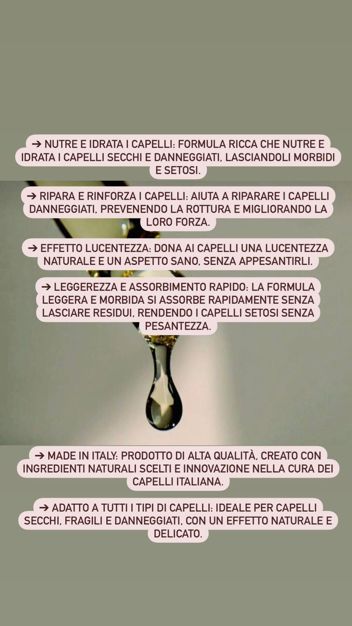 Naturalna mieszanka luksusowych olejków do włosów dla kobiet. Wyprodukowano we Włoszech. Olejki arganowe i jojoba, witamina C i witamina E. formuła bardzo szybkie wchłanianie, bez dodatku silikonu