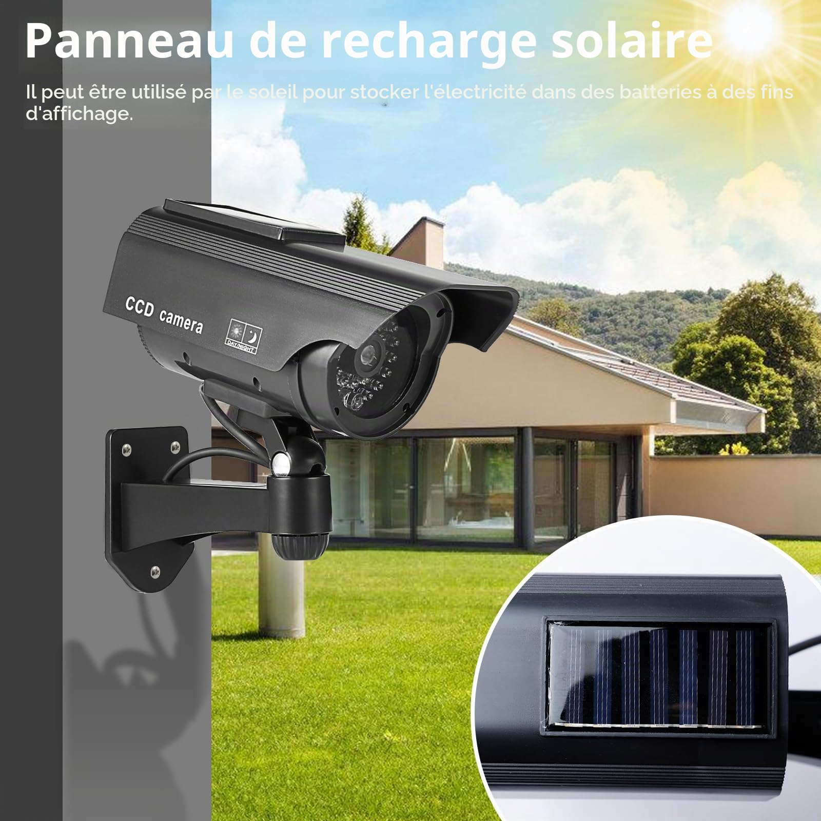 Lot De 2 Caméra Factice Extérieur, Caméra De Surveillance avec LED, Caméra Factice Extérieur, Caméra Factice Intérieur Extérieur Solaire, Caméras Factices avec LED, pour La Maison Et Le Bureau
