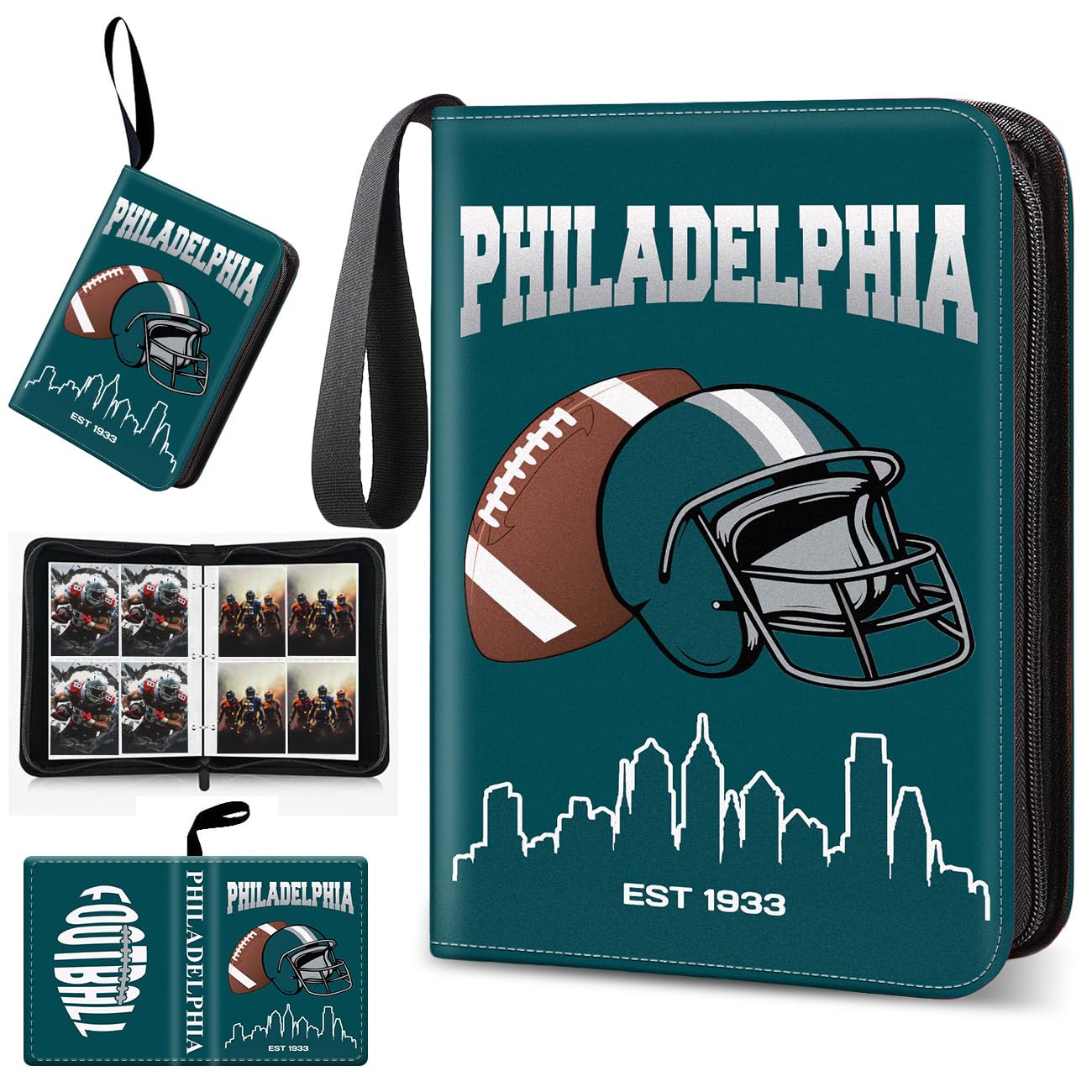 Football Card Binder, Philadelphia Trading Card Holder Protectors, 4 Pocket Fits 400 Cards with 50 Removable Sleevesves Card Storage Album