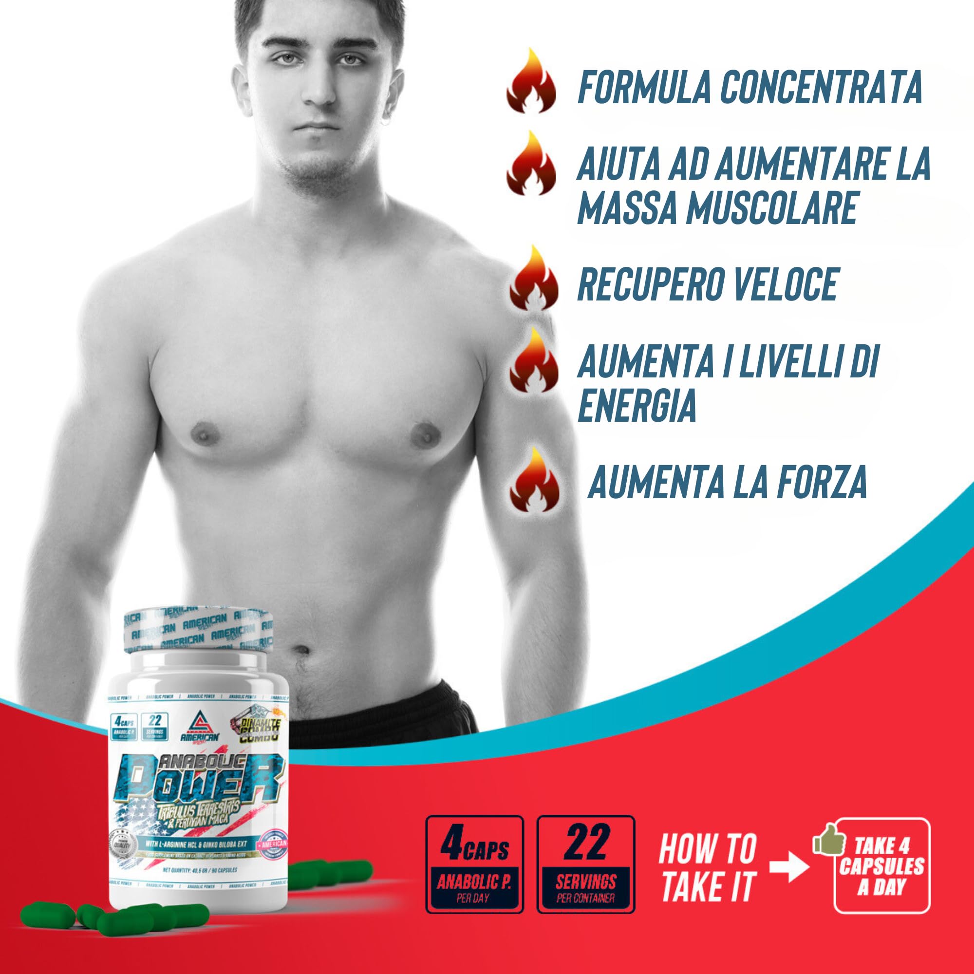 ANABOLIC POWER | Anabolizzanti Naturale | Gusto Neutro | Aiuta ad Aumentare la Tua Massa Muscolare | Arricchito con Ginkgo Biloba | 90 Capsule