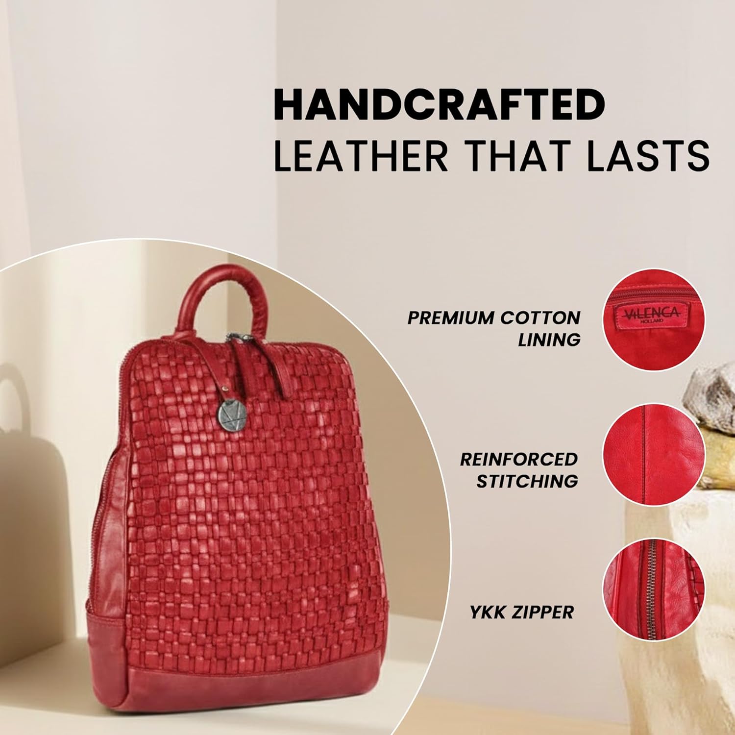 12.5 Inch Genuine Leather Backpack for Women and Men, Red Leather Backpack with Adjustable Shoulder Strap - Image 3