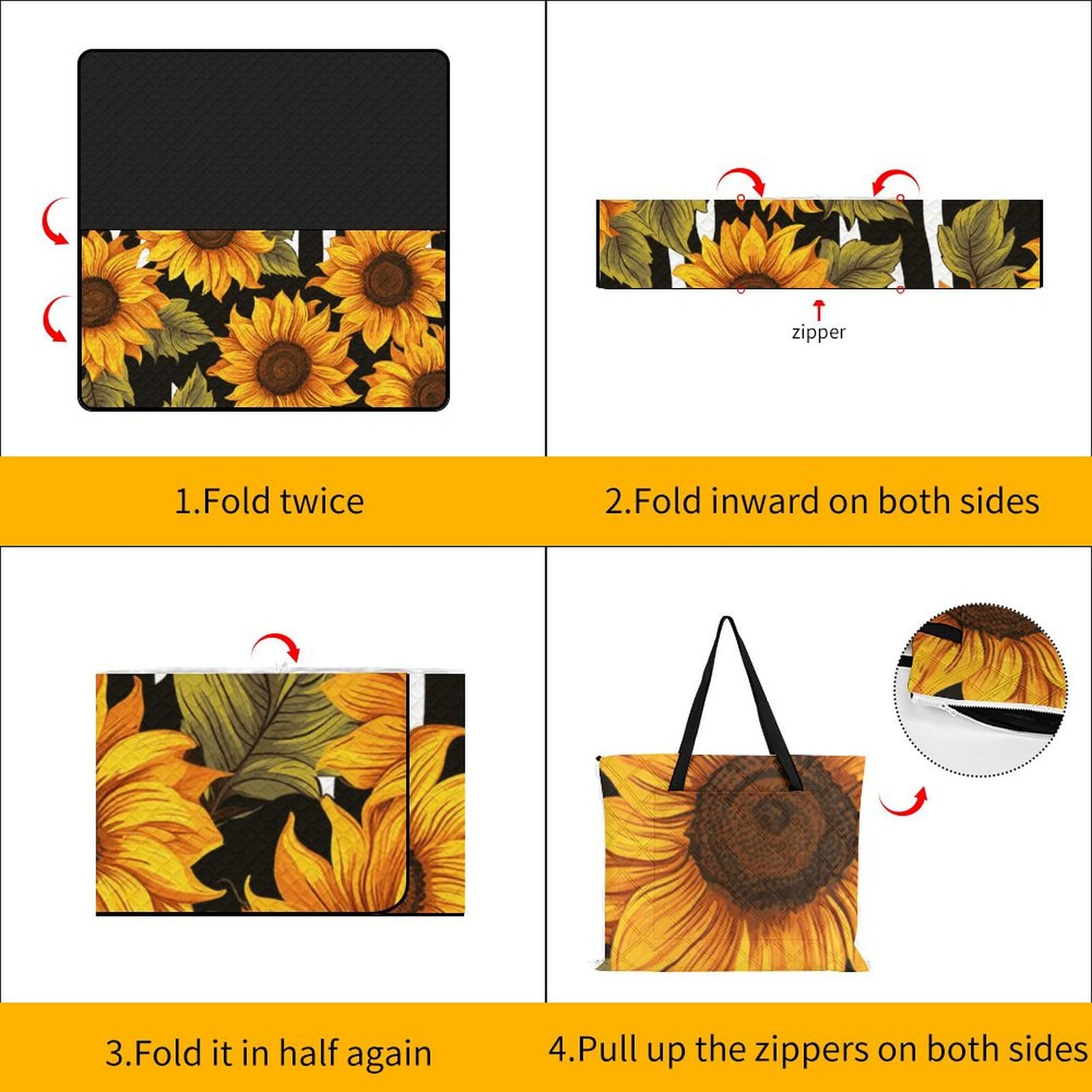 Sunflowers Tapis de pique-nique convertible à fermeture éclair – Couverture d'extérieur imperméable et isolante avec sac fourre-tout, pliable pour camping, plage, parc, 200 x 200 cm