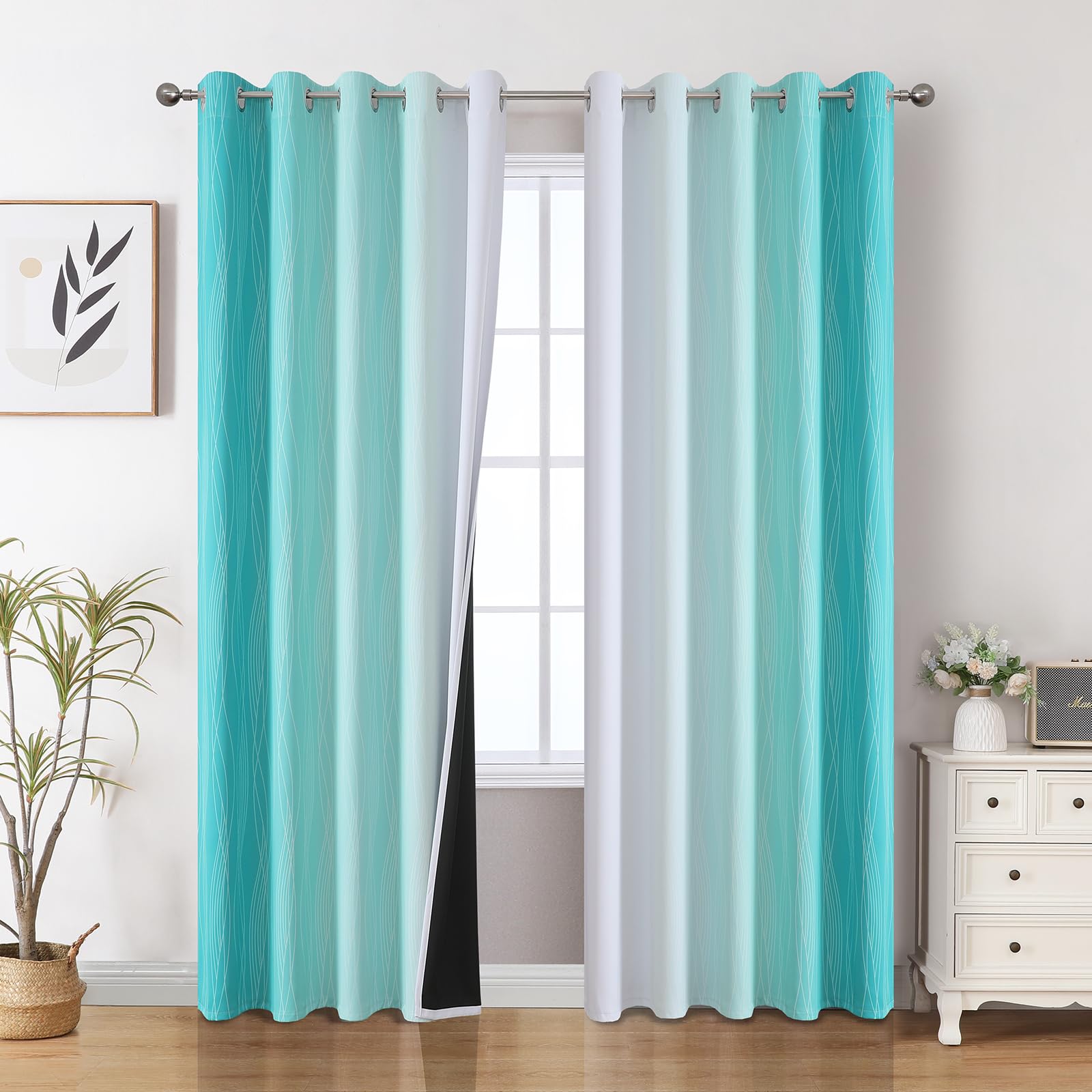 Teal and Grayish White Ombre Blackout Curtains for Living Room 84 Inch Long