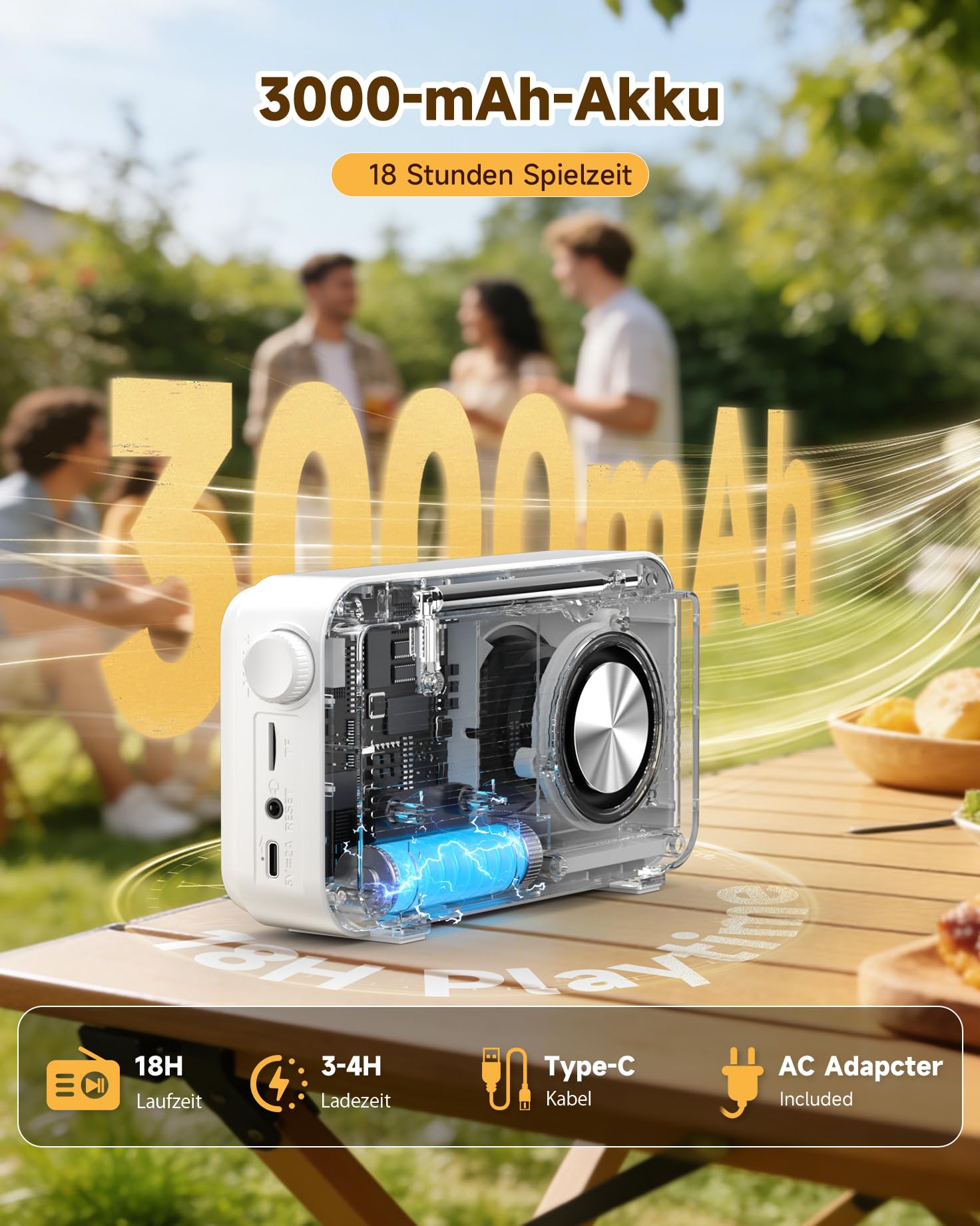 Roxicosly Radio portatile DAB/DAB+, 80 preimpostazioni, radio digitale FM con batteria da 3000 mAh, radio da cucina con Bluetooth 5.0, modalità EQ, timer, snooze, porta AUX TF/3,5 mm, doppio allarme