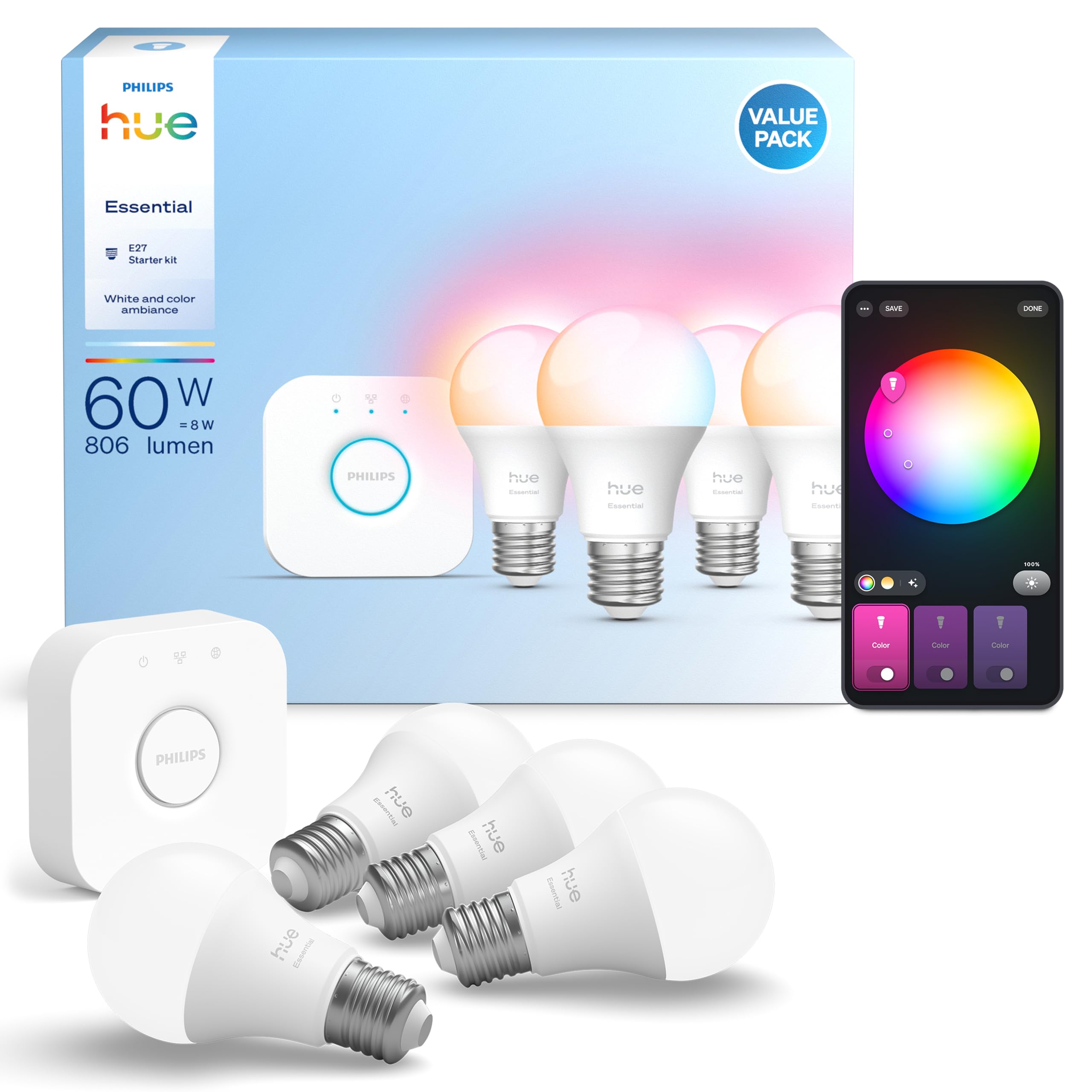 Philips Hue E WCA 806 A60 E27 4kit EU : Amazon.co.uk: Lighting