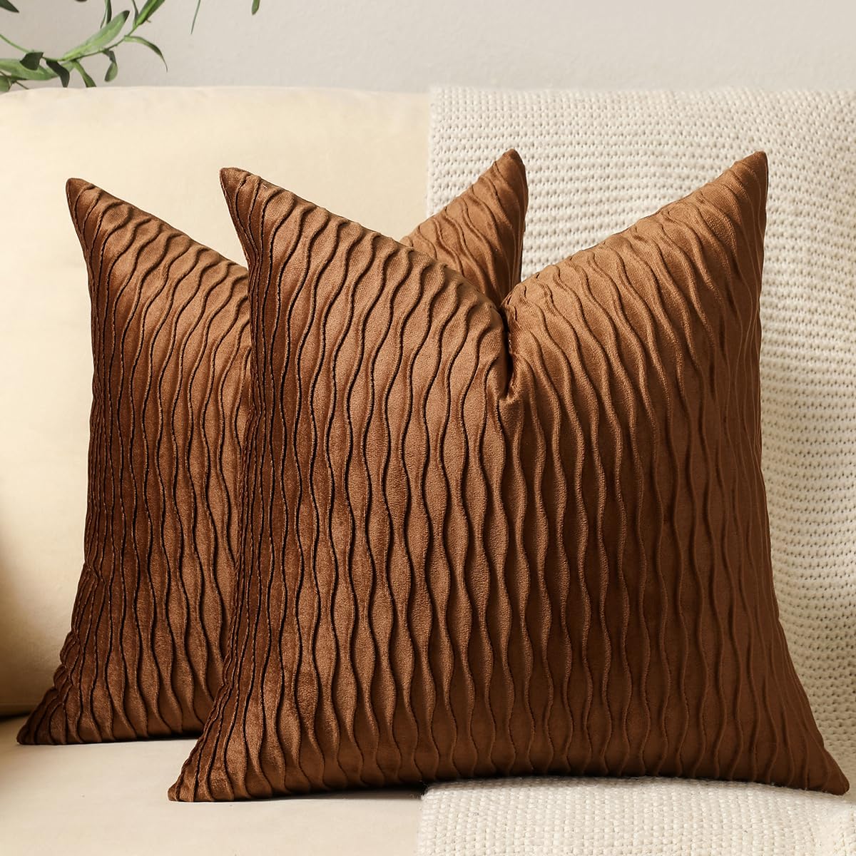 DEZENE Light Brown Throw Pillow Cases: 2 Pack 18x18 Inch Original Stripe Velvet Square Decorative Pillow Covers for Farmhouse Couch