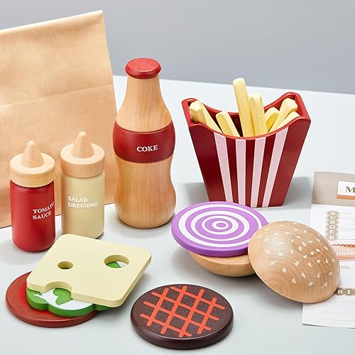 Miniatura 2 de Juego de comida de madera para niños, juego de hamburguesas de juguete de comida rápida, accesorios de cocina para niños pequeños, regalo de comida