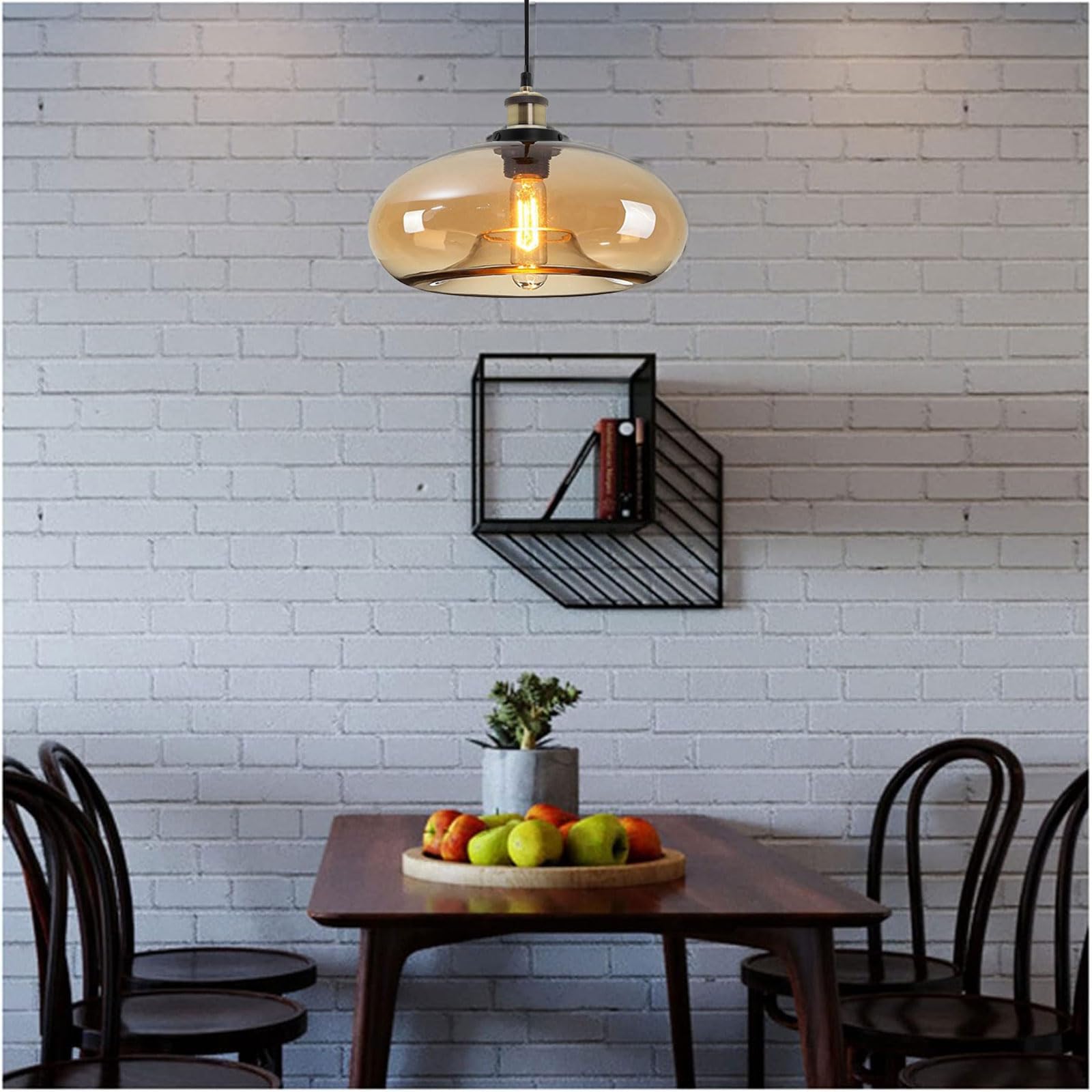 Lampada a Sospensione in Vetro Ambra 28 cm Stile Industriale Vintage Regolabile per Cucina Camera da Letto Sala da Pranzo Compatibile con Lampadina E27 (Ambra)