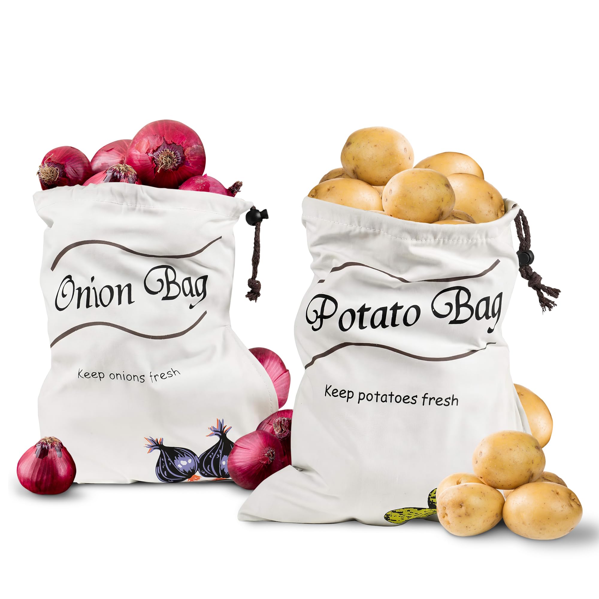 2Pcs Potato and Onion Storage Bags – Reusable Cotton Produce Bags with Black Lining and Side Zipper, Washable, Breathable & Light-Blocking Design for Storing Potatoes, Onions, Garlic & Root Vegetables