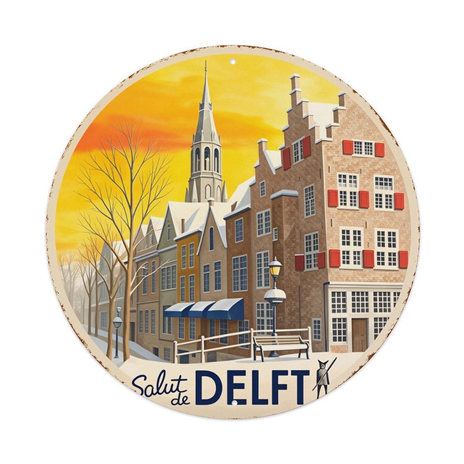 Delft Cityscape Winter Scene Church Round Tin Sign Vintage Metal Poster, Home Bar Garage Man Cave Cafe Indoor & Outdoor Wall Decoration 8x8Inches