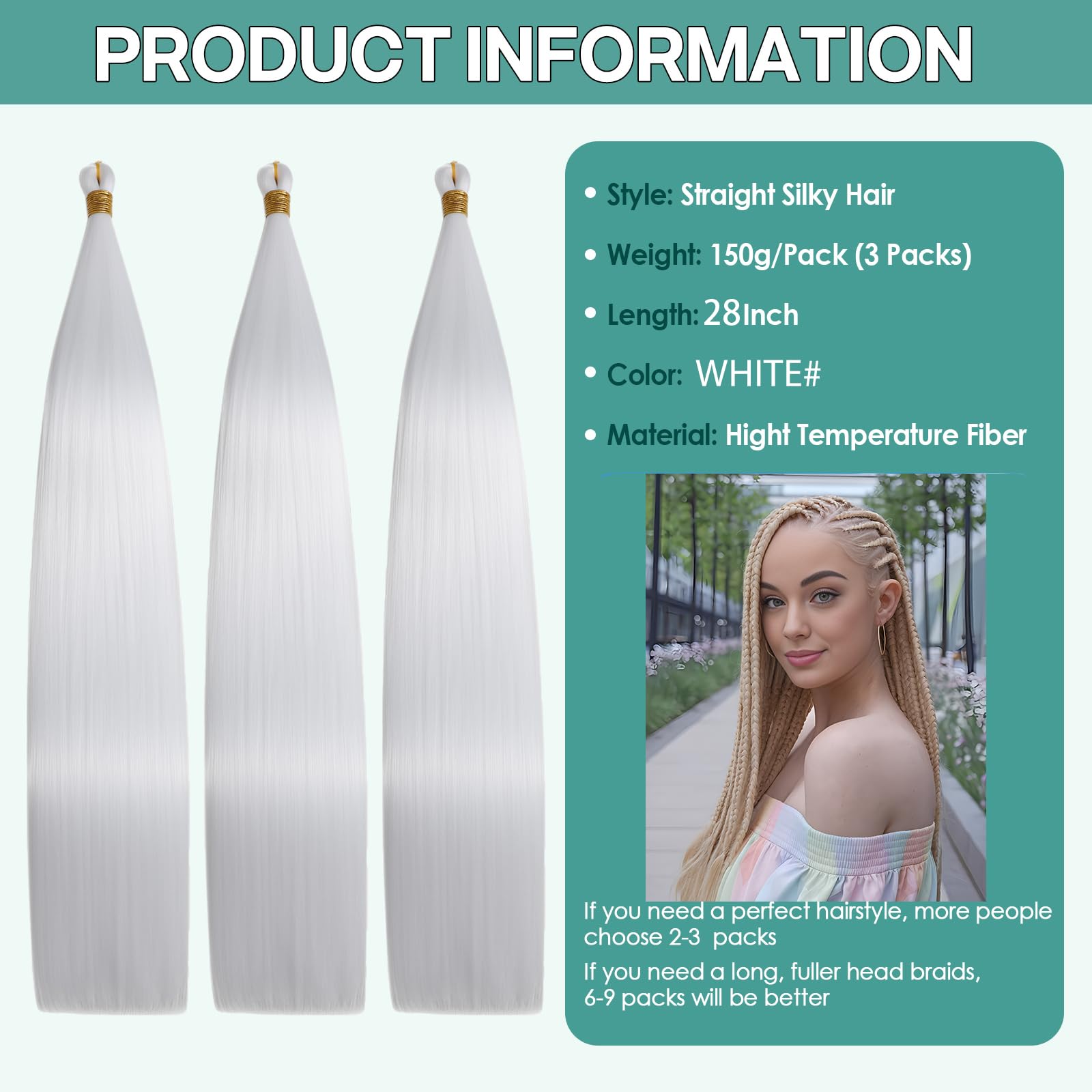 Locescsoc 28 Inch Straight Hair Extensions 150g 3 Packs Bone Straight Braiding Hair - Image 2