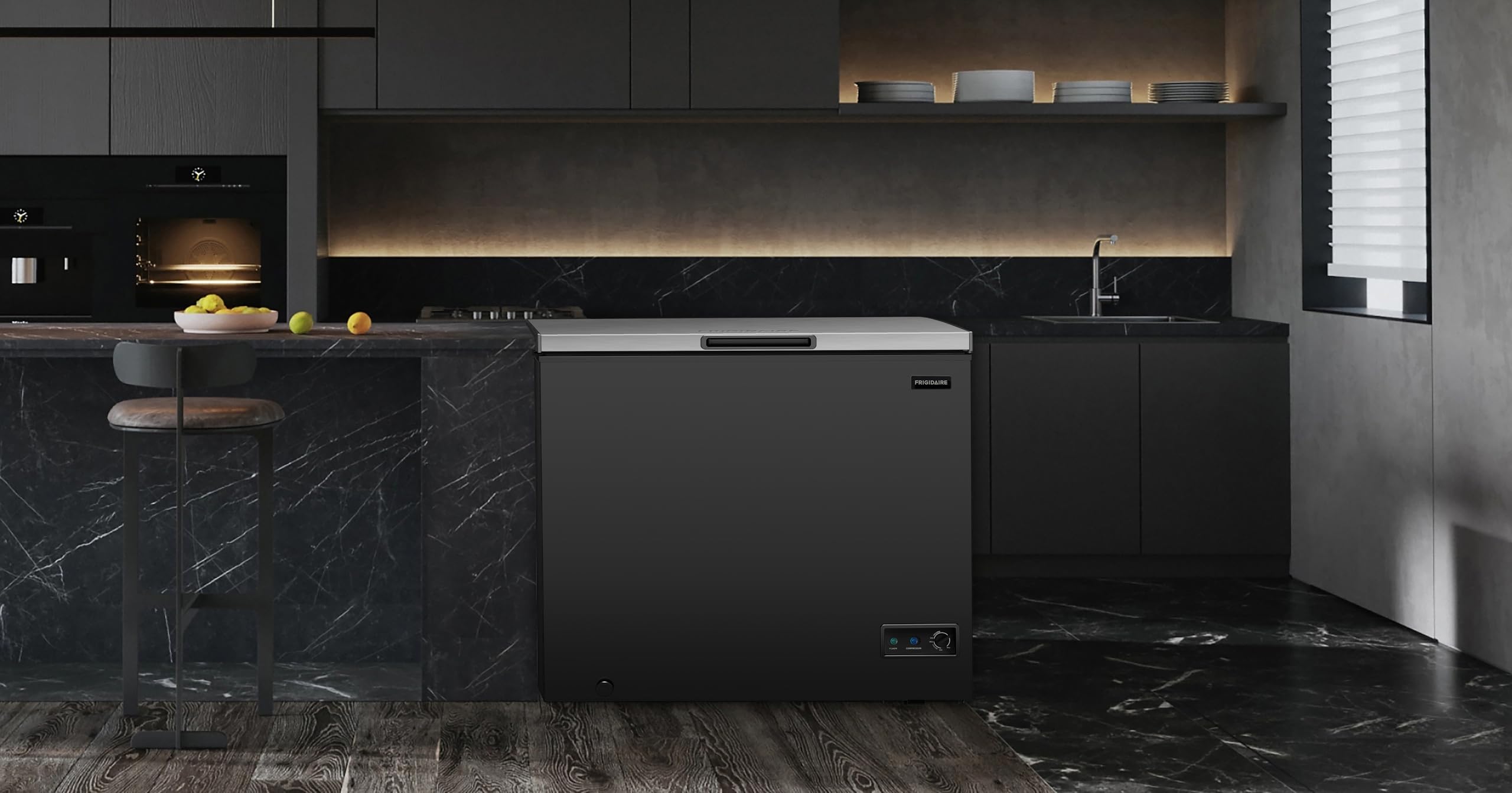 Frigidaire Chest Deep Freezer, 7 Cu. Ft, Black Adjustable Thermostat-Removable Vinyl Coated Wire Basket-Easy Defrost Drain, Eye-Catching Stainless Steel Top Door- Garage Ready on Fridge.com - View 5
